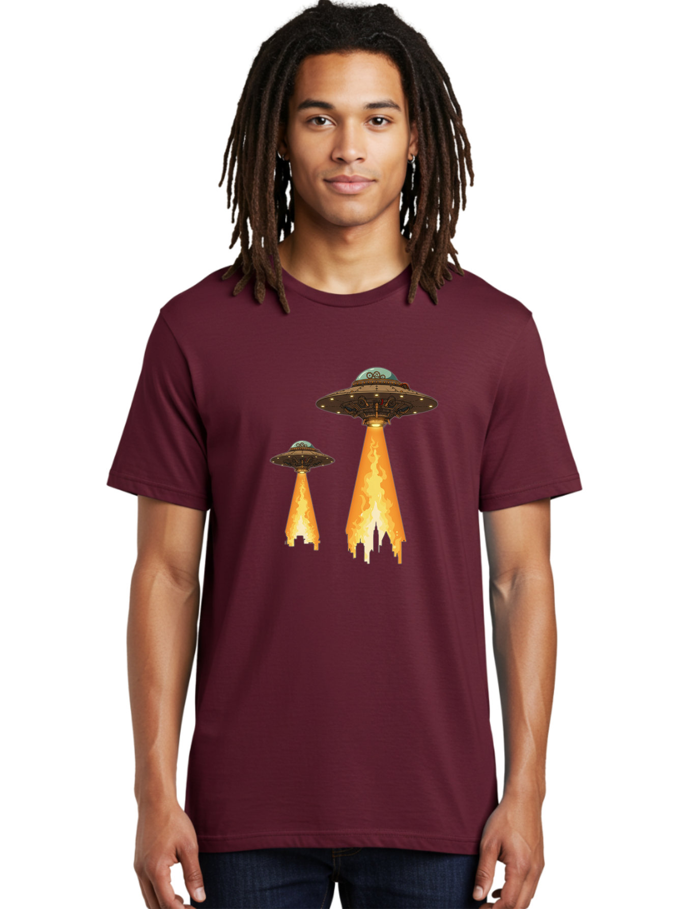 Ufos-Over-City-1 Men'S Graphic Tee, 100% Cotton, Comfortable Casual Summer Wear, Machine Washable, Ufos Hovering Over City, Flying Saucers, Alien Invasion, Extraterrestrial Life, Science Fiction, Futuristic, Cityscape, Mysterious Atmosphere, Bac539