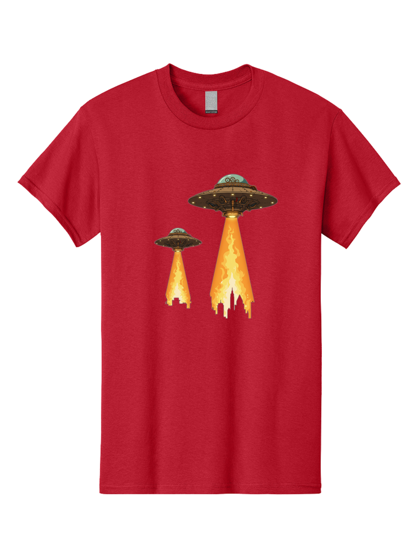 Ufos-Over-City-1 Men'S Graphic Tee, 100% Cotton, Comfortable Casual Summer Wear, Machine Washable, Ufos Hovering Over City, Flying Saucers, Alien Invasion, Extraterrestrial Life, Science Fiction, Futuristic, Cityscape, Mysterious Atmosphere, Bac539