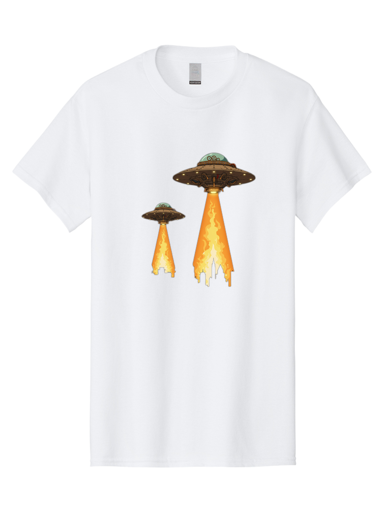 Ufos-Over-City-1 Men'S Graphic Tee, 100% Cotton, Comfortable Casual Summer Wear, Machine Washable, Ufos Hovering Over City, Flying Saucers, Alien Invasion, Extraterrestrial Life, Science Fiction, Futuristic, Cityscape, Mysterious Atmosphere, Bac539