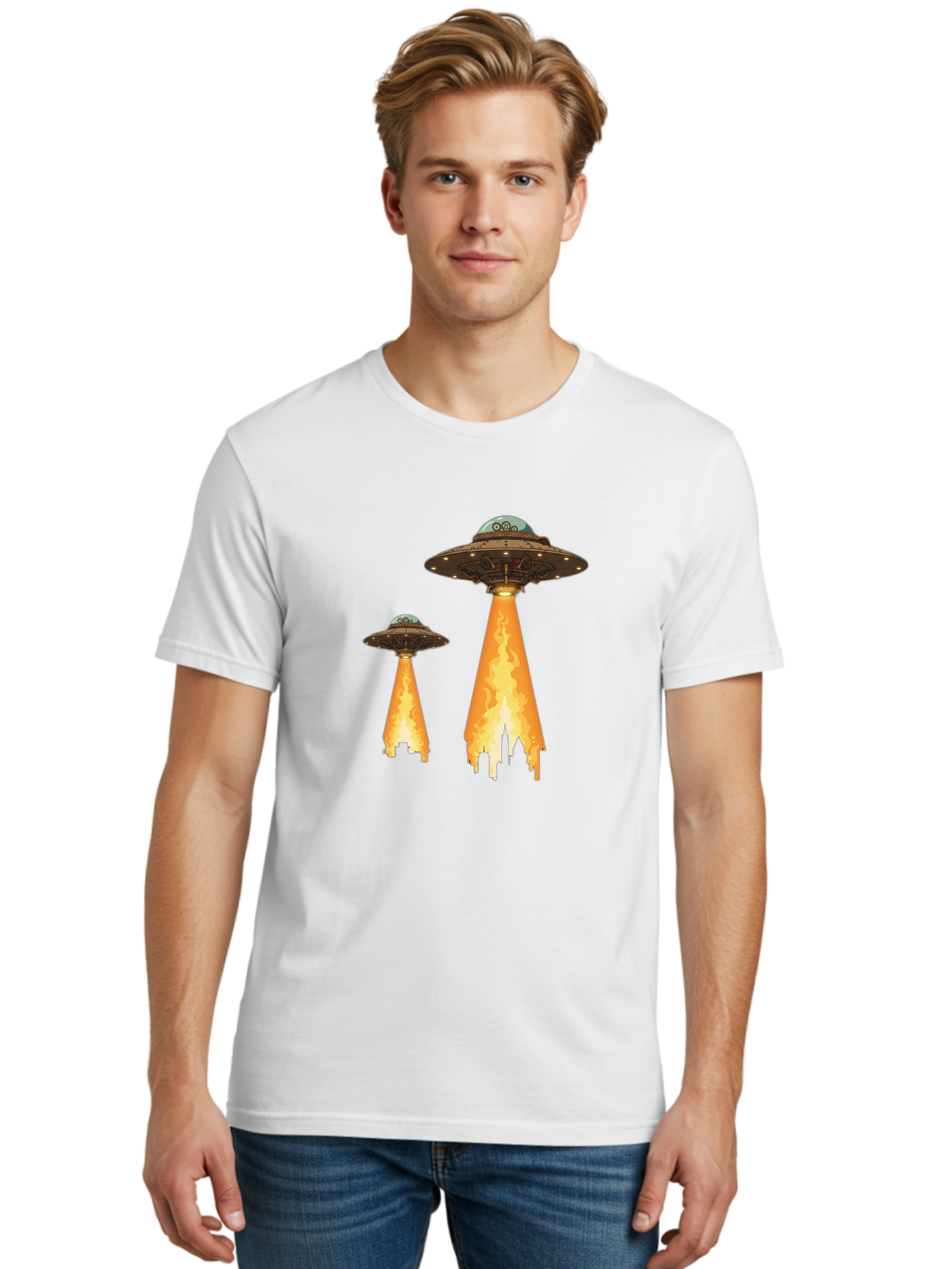 Ufos-Over-City-1 Men'S Graphic Tee, 100% Cotton, Comfortable Casual Summer Wear, Machine Washable, Ufos Hovering Over City, Flying Saucers, Alien Invasion, Extraterrestrial Life, Science Fiction, Futuristic, Cityscape, Mysterious Atmosphere, Bac539