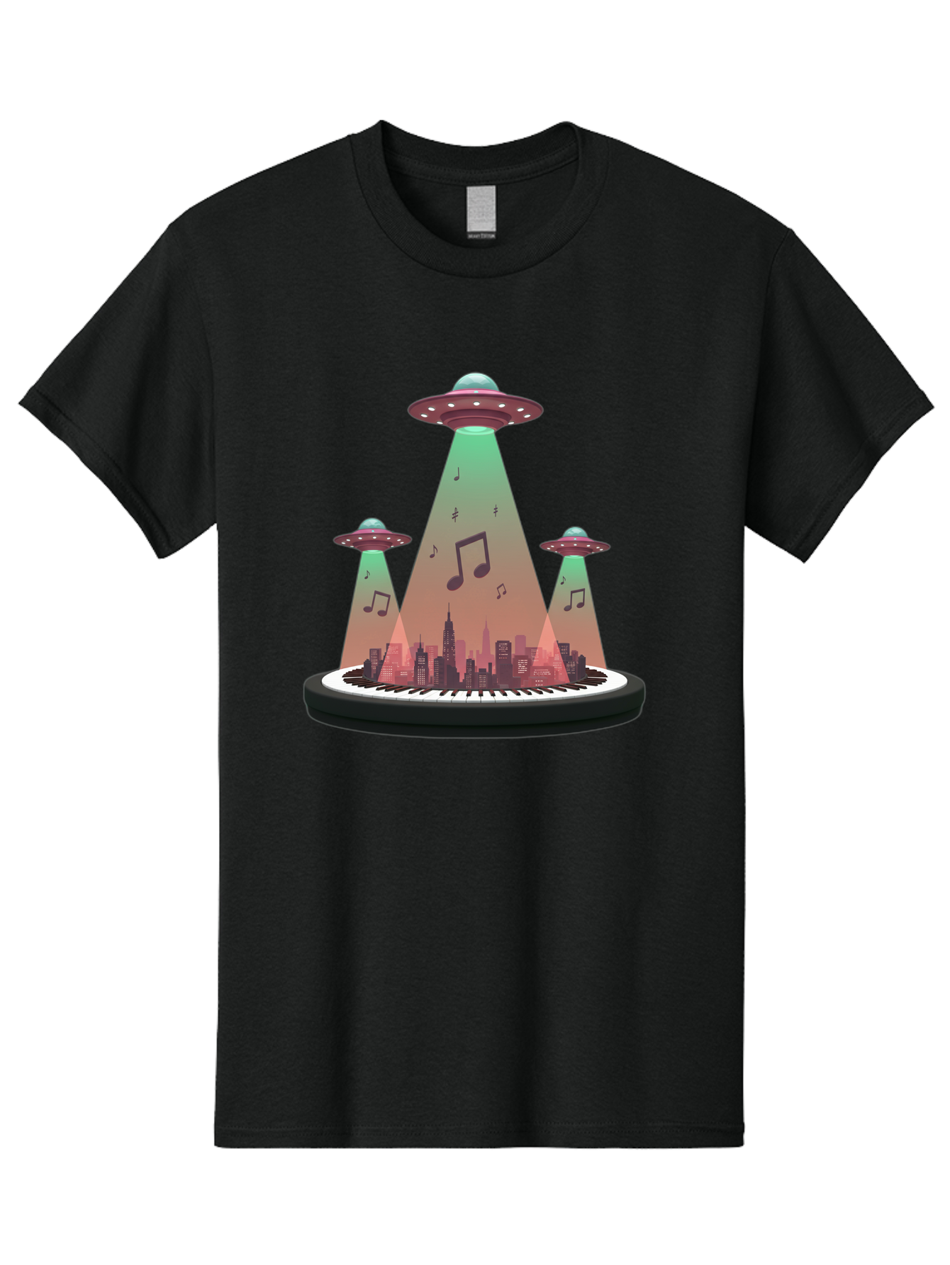 Ufos-Over-City-2 Men'S Graphic Tee, 100% Cotton, Comfortable Casual Summer Wear, Machine Washable, Ufos Hovering Over City, Music Notes, Piano Keyboard, Science Fiction, Futuristic Atmosphere, Extraterrestrial Life, Urban Landscape, Bac540