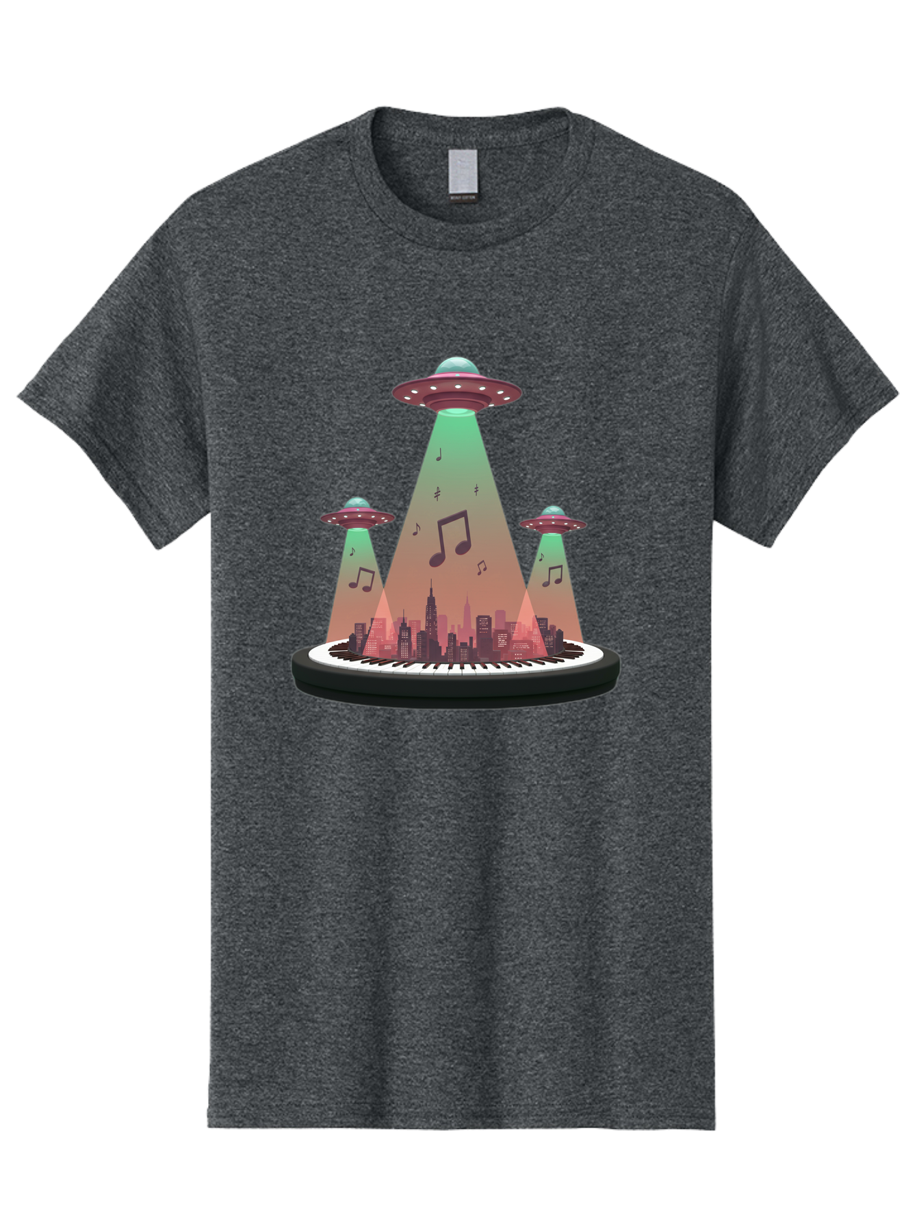 Ufos-Over-City-2 Men'S Graphic Tee, 100% Cotton, Comfortable Casual Summer Wear, Machine Washable, Ufos Hovering Over City, Music Notes, Piano Keyboard, Science Fiction, Futuristic Atmosphere, Extraterrestrial Life, Urban Landscape, Bac540