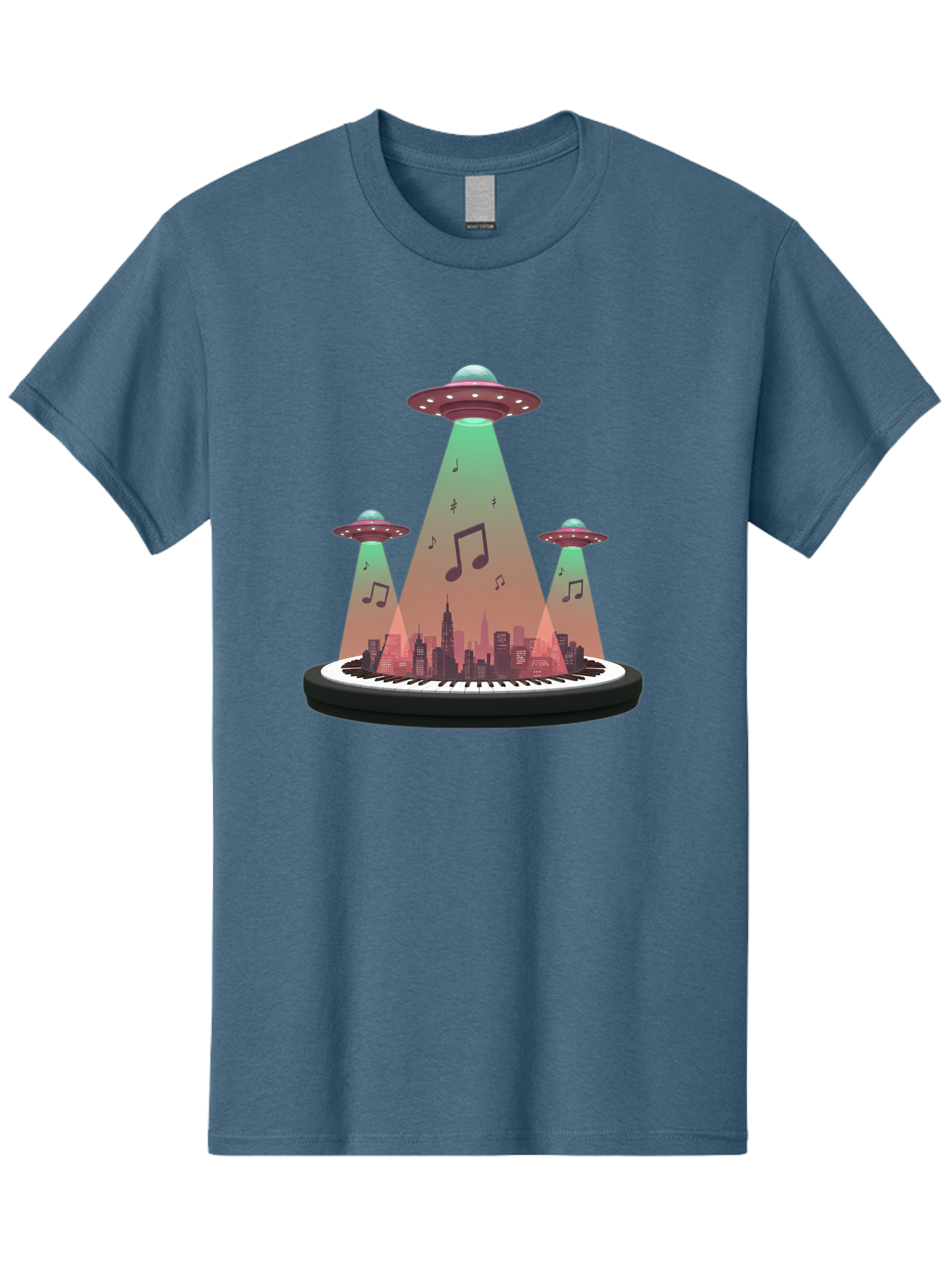 Ufos-Over-City-2 Men'S Graphic Tee, 100% Cotton, Comfortable Casual Summer Wear, Machine Washable, Ufos Hovering Over City, Music Notes, Piano Keyboard, Science Fiction, Futuristic Atmosphere, Extraterrestrial Life, Urban Landscape, Bac540