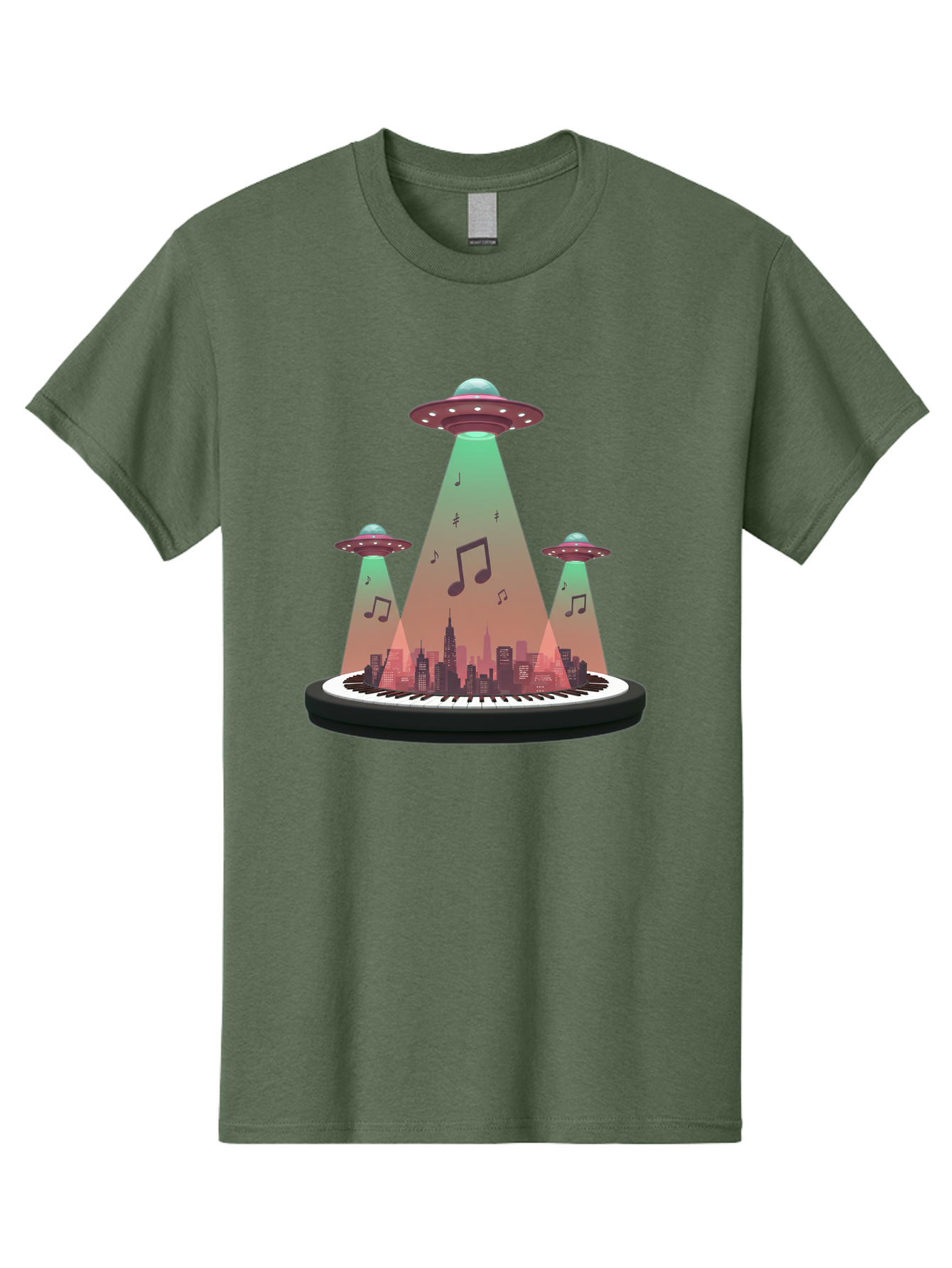 Ufos-Over-City-2 Men'S Graphic Tee, 100% Cotton, Comfortable Casual Summer Wear, Machine Washable, Ufos Hovering Over City, Music Notes, Piano Keyboard, Science Fiction, Futuristic Atmosphere, Extraterrestrial Life, Urban Landscape, Bac540