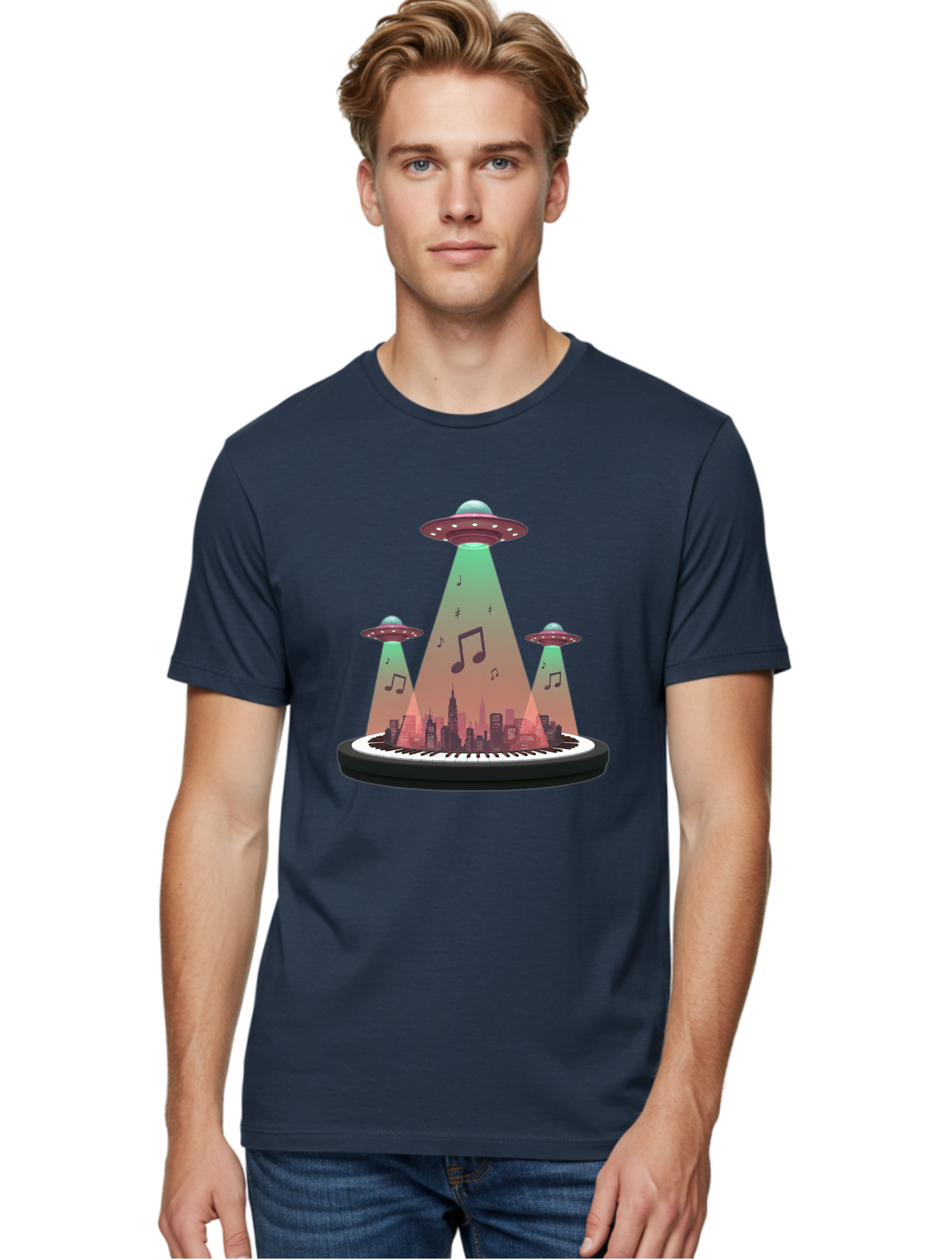 Ufos-Over-City-2 Men'S Graphic Tee, 100% Cotton, Comfortable Casual Summer Wear, Machine Washable, Ufos Hovering Over City, Music Notes, Piano Keyboard, Science Fiction, Futuristic Atmosphere, Extraterrestrial Life, Urban Landscape, Bac540