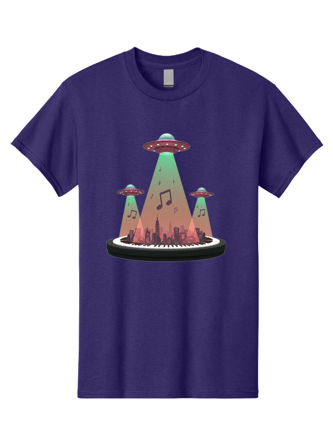 Ufos-Over-City-2 Men'S Graphic Tee, 100% Cotton, Comfortable Casual Summer Wear, Machine Washable, Ufos Hovering Over City, Music Notes, Piano Keyboard, Science Fiction, Futuristic Atmosphere, Extraterrestrial Life, Urban Landscape, Bac540