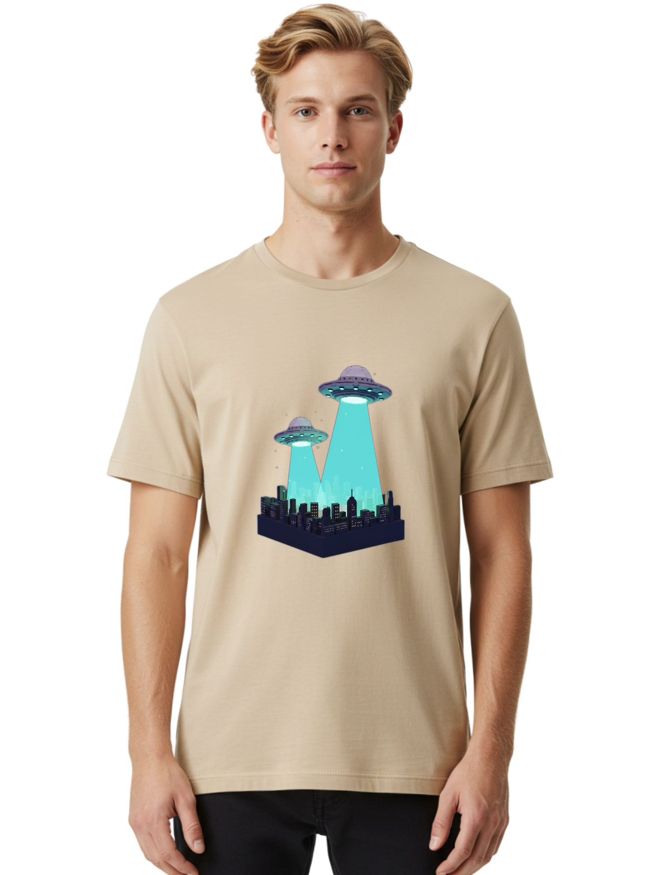Ufos-Over-City Men'S Graphic Tee, 100% Cotton, Comfortable Casual Summer Wear, Machine Washable, Ufos Over City, Alien Invasion, Science Fiction, Futuristic, Cityscape, Mysterious Lights, Extraterrestrial Activity, Urban Landscape, Bac541