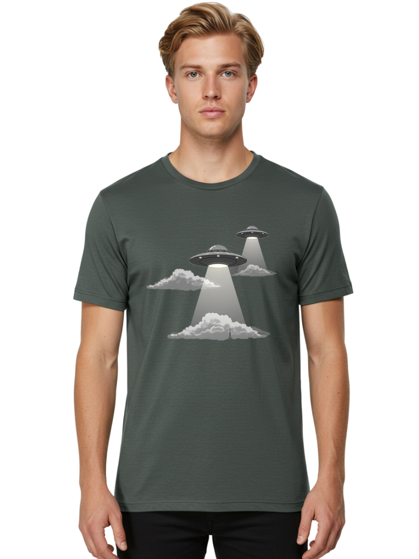 Ufos Men'S Graphic Tee, 100% Cotton, Comfortable Casual Summer Wear, Machine Washable, Ufo Invasion, Alien Spacecraft, Flying Saucers, Mysterious Lights, Cloudy Atmosphere, Science Fiction, Extraterrestrial, Paranormal Activity, Bac542