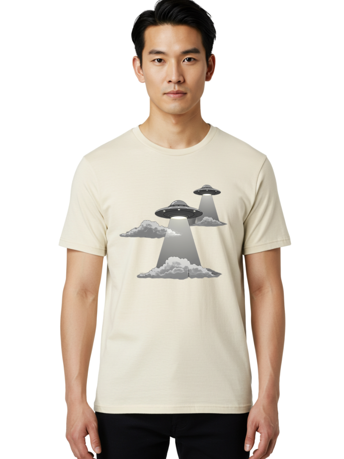 Ufos Men'S Graphic Tee, 100% Cotton, Comfortable Casual Summer Wear, Machine Washable, Ufo Invasion, Alien Spacecraft, Flying Saucers, Mysterious Lights, Cloudy Atmosphere, Science Fiction, Extraterrestrial, Paranormal Activity, Bac542