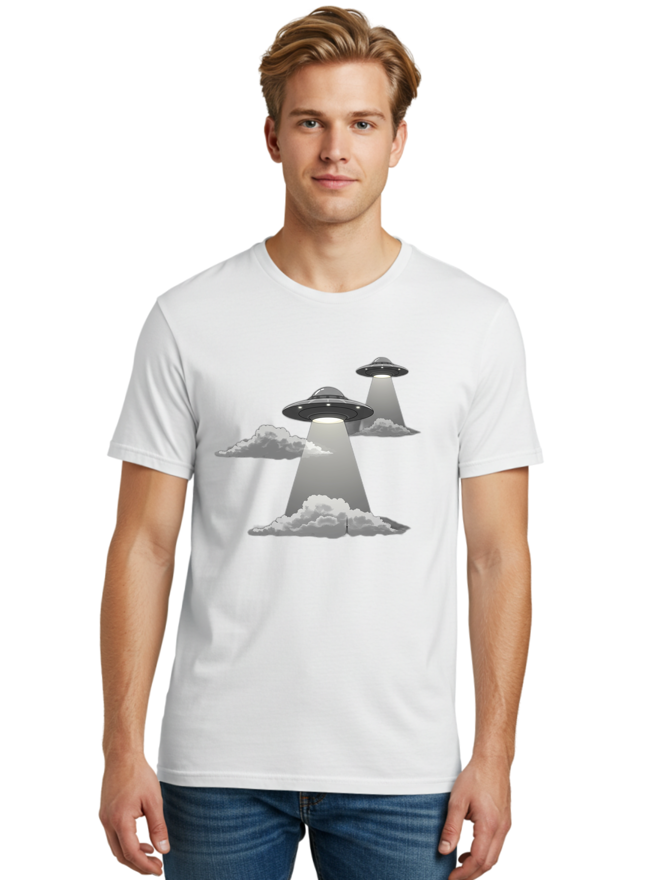 Ufos Men'S Graphic Tee, 100% Cotton, Comfortable Casual Summer Wear, Machine Washable, Ufo Invasion, Alien Spacecraft, Flying Saucers, Mysterious Lights, Cloudy Atmosphere, Science Fiction, Extraterrestrial, Paranormal Activity, Bac542