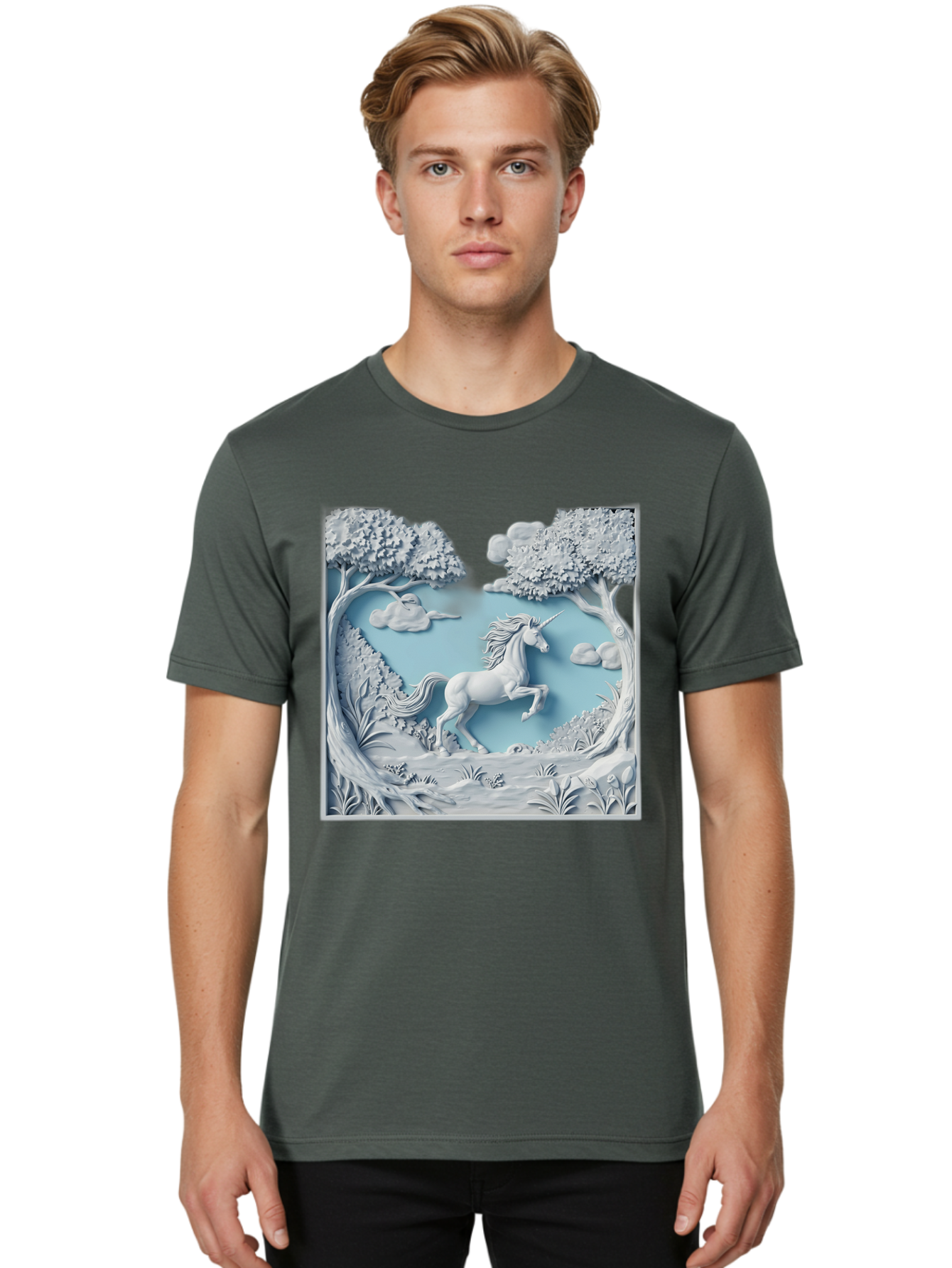 Unicorn Men'S Graphic Tee, 100% Cotton, Comfortable Casual Summer Wear, Machine Washable, Unicorn Running, Mythical Creatures, 3D Art, Fantasy Animals, Magical Realism, White Unicorn, Serene Landscape, Trees, Clouds, Whimsical Scene, Bac543