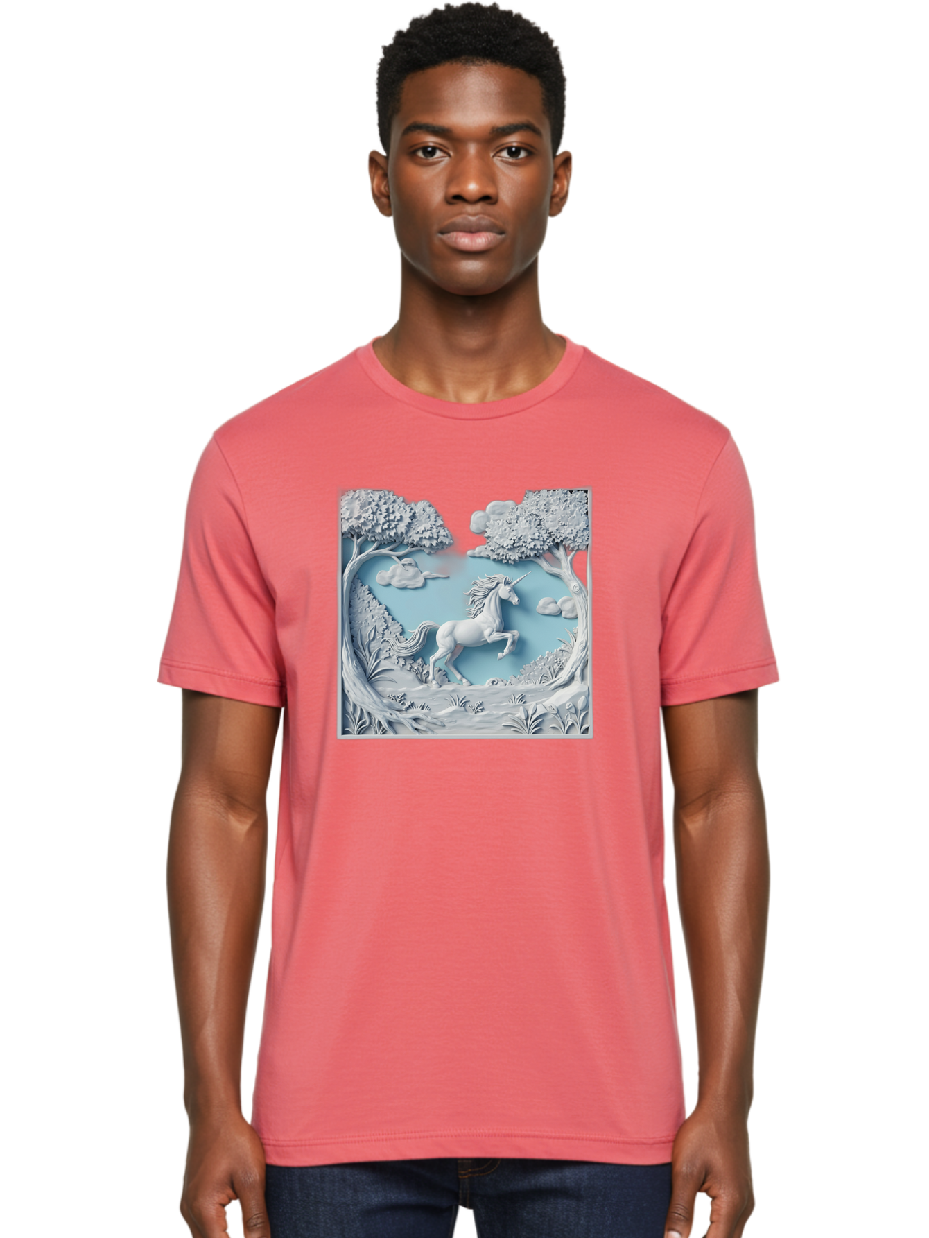 Unicorn Men'S Graphic Tee, 100% Cotton, Comfortable Casual Summer Wear, Machine Washable, Unicorn Running, Mythical Creatures, 3D Art, Fantasy Animals, Magical Realism, White Unicorn, Serene Landscape, Trees, Clouds, Whimsical Scene, Bac543