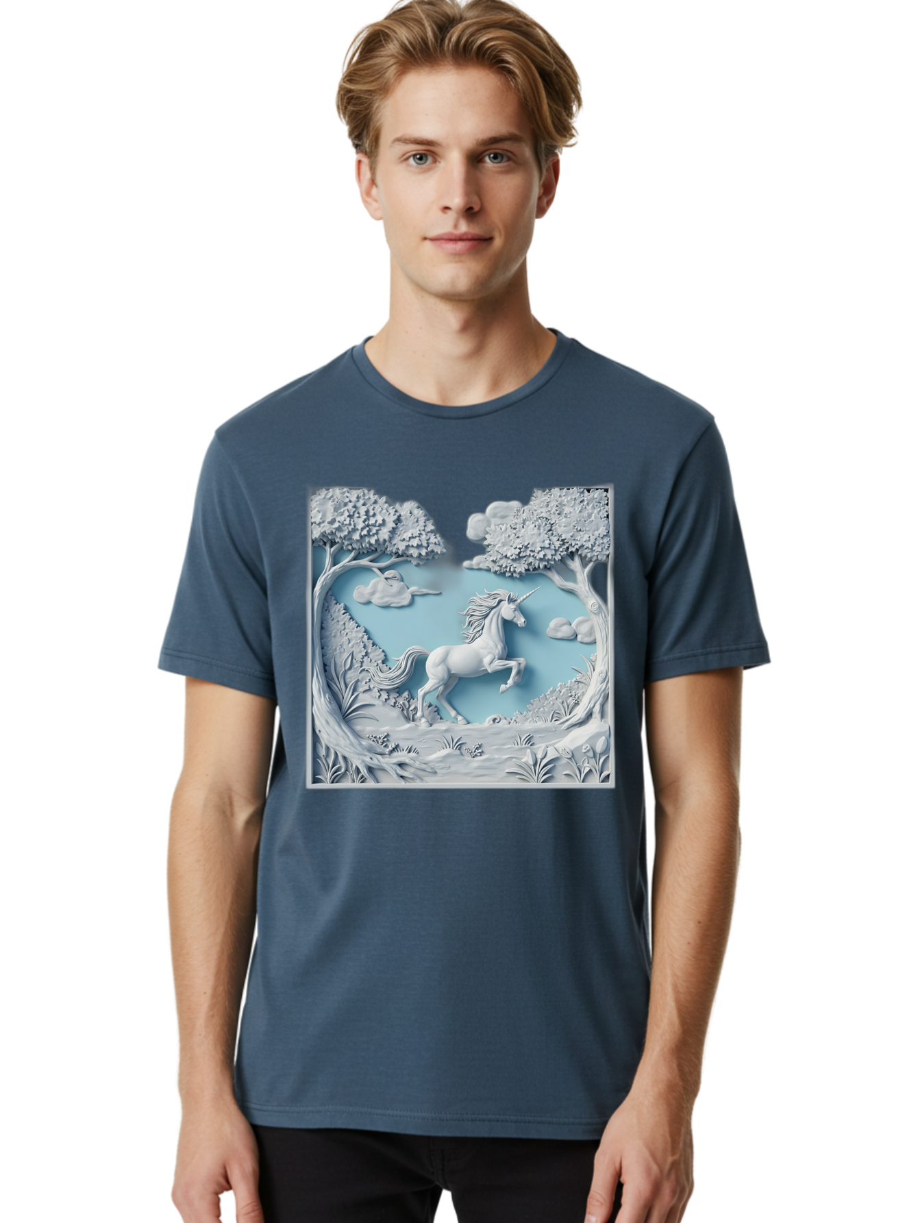Unicorn Men'S Graphic Tee, 100% Cotton, Comfortable Casual Summer Wear, Machine Washable, Unicorn Running, Mythical Creatures, 3D Art, Fantasy Animals, Magical Realism, White Unicorn, Serene Landscape, Trees, Clouds, Whimsical Scene, Bac543
