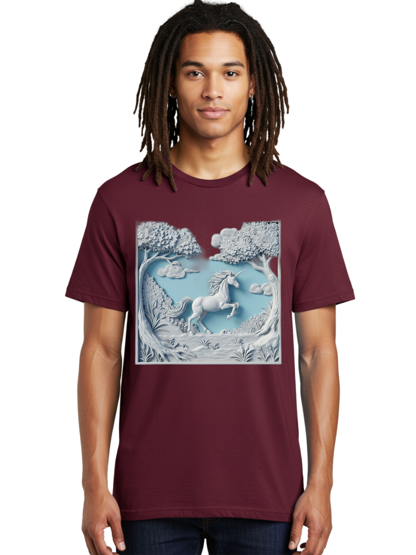 Unicorn Men'S Graphic Tee, 100% Cotton, Comfortable Casual Summer Wear, Machine Washable, Unicorn Running, Mythical Creatures, 3D Art, Fantasy Animals, Magical Realism, White Unicorn, Serene Landscape, Trees, Clouds, Whimsical Scene, Bac543