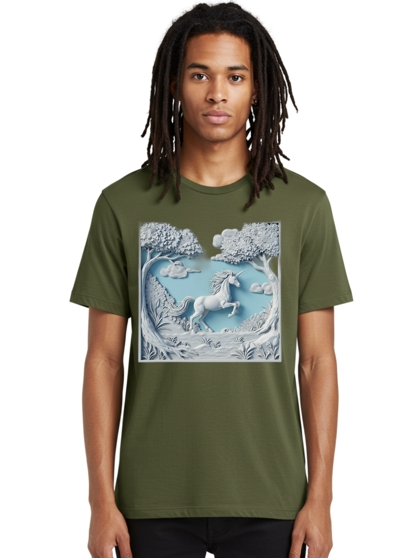 Unicorn Men'S Graphic Tee, 100% Cotton, Comfortable Casual Summer Wear, Machine Washable, Unicorn Running, Mythical Creatures, 3D Art, Fantasy Animals, Magical Realism, White Unicorn, Serene Landscape, Trees, Clouds, Whimsical Scene, Bac543