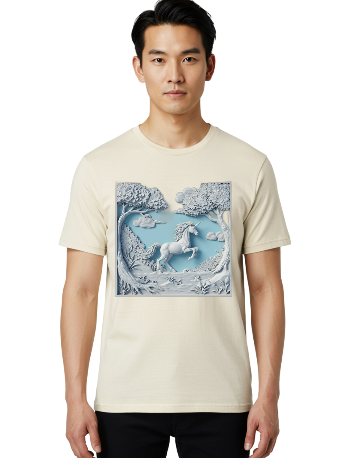 Unicorn Men'S Graphic Tee, 100% Cotton, Comfortable Casual Summer Wear, Machine Washable, Unicorn Running, Mythical Creatures, 3D Art, Fantasy Animals, Magical Realism, White Unicorn, Serene Landscape, Trees, Clouds, Whimsical Scene, Bac543