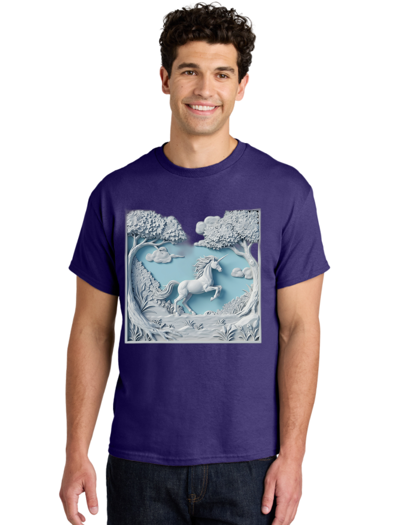 Unicorn Men'S Graphic Tee, 100% Cotton, Comfortable Casual Summer Wear, Machine Washable, Unicorn Running, Mythical Creatures, 3D Art, Fantasy Animals, Magical Realism, White Unicorn, Serene Landscape, Trees, Clouds, Whimsical Scene, Bac543