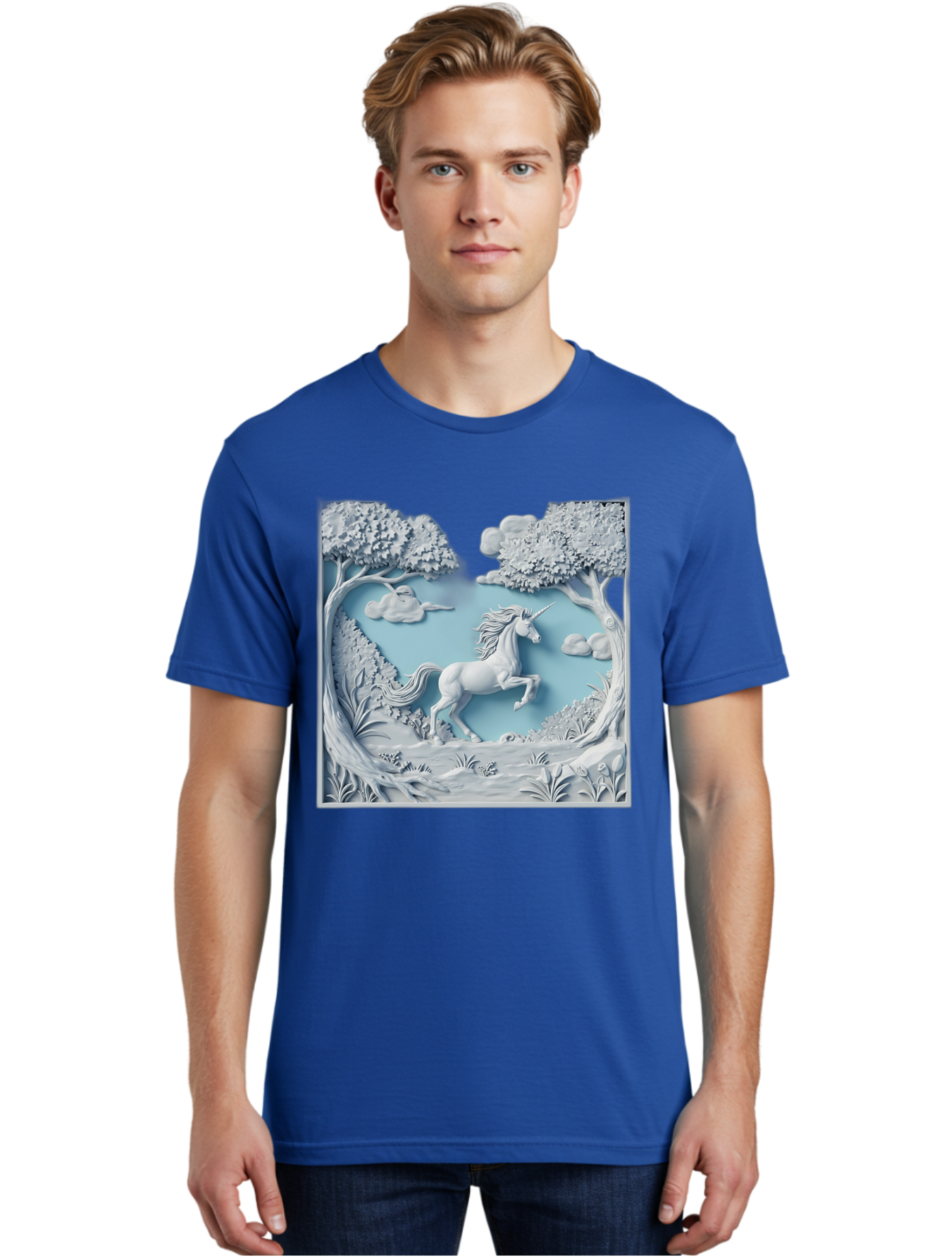 Unicorn Men'S Graphic Tee, 100% Cotton, Comfortable Casual Summer Wear, Machine Washable, Unicorn Running, Mythical Creatures, 3D Art, Fantasy Animals, Magical Realism, White Unicorn, Serene Landscape, Trees, Clouds, Whimsical Scene, Bac543