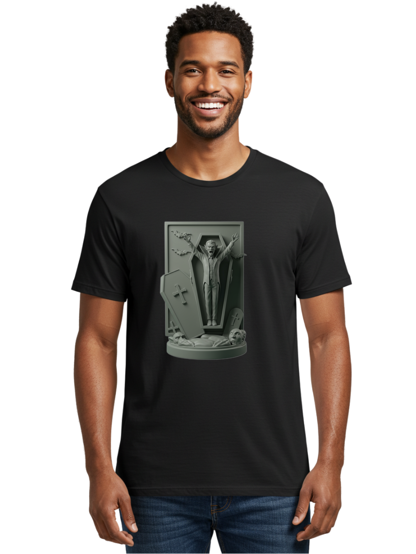 Vampire-Rising Men'S Graphic Tee, 100% Cotton, Comfortable Casual Summer Wear, Machine Washable, Vampire Rising From Coffin, Undead Creature, Horror Theme, Spooky Atmosphere, Bats Flying, Cross Symbol, Undead Rising, Gothic Style, Bac544