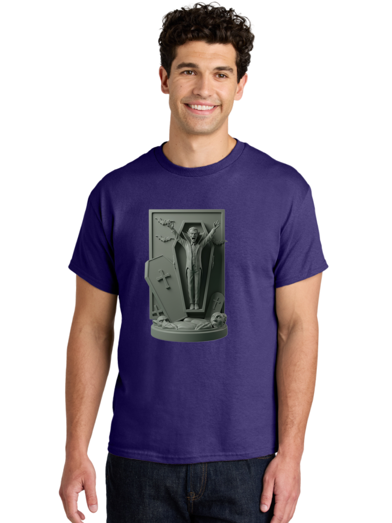 Vampire-Rising Men'S Graphic Tee, 100% Cotton, Comfortable Casual Summer Wear, Machine Washable, Vampire Rising From Coffin, Undead Creature, Horror Theme, Spooky Atmosphere, Bats Flying, Cross Symbol, Undead Rising, Gothic Style, Bac544