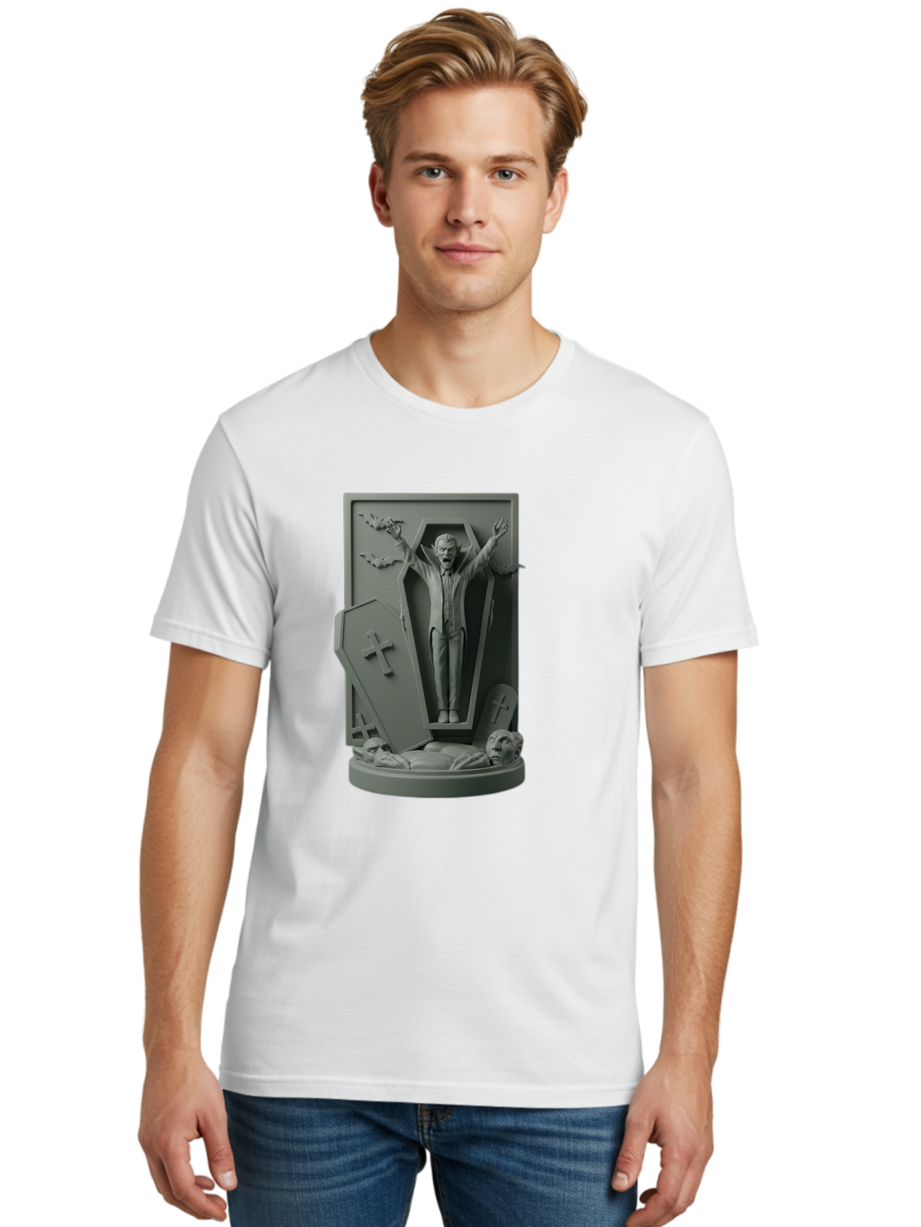 Vampire-Rising Men'S Graphic Tee, 100% Cotton, Comfortable Casual Summer Wear, Machine Washable, Vampire Rising From Coffin, Undead Creature, Horror Theme, Spooky Atmosphere, Bats Flying, Cross Symbol, Undead Rising, Gothic Style, Bac544