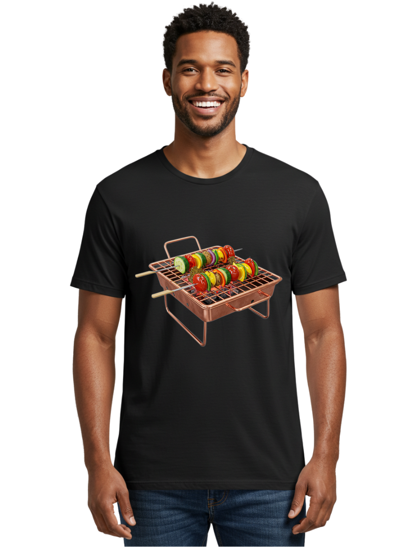 Vegetable-Skewers Men'S Graphic Tee, 100% Cotton, Comfortable Casual Summer Wear, Machine Washable, Grilled Vegetable Skewers, Skewers On Portable Grill, Fresh Vegetables, Outdoor Cooking, Barbecue, Healthy Eating, Vegetable Kebabs, Grilling Bac545