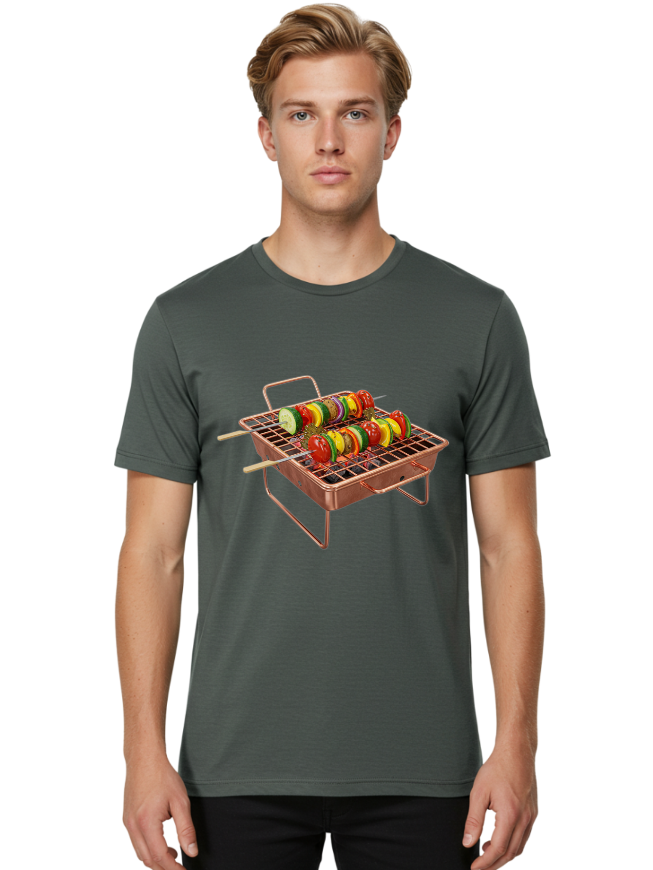 Vegetable-Skewers Men'S Graphic Tee, 100% Cotton, Comfortable Casual Summer Wear, Machine Washable, Grilled Vegetable Skewers, Skewers On Portable Grill, Fresh Vegetables, Outdoor Cooking, Barbecue, Healthy Eating, Vegetable Kebabs, Grilling Bac545