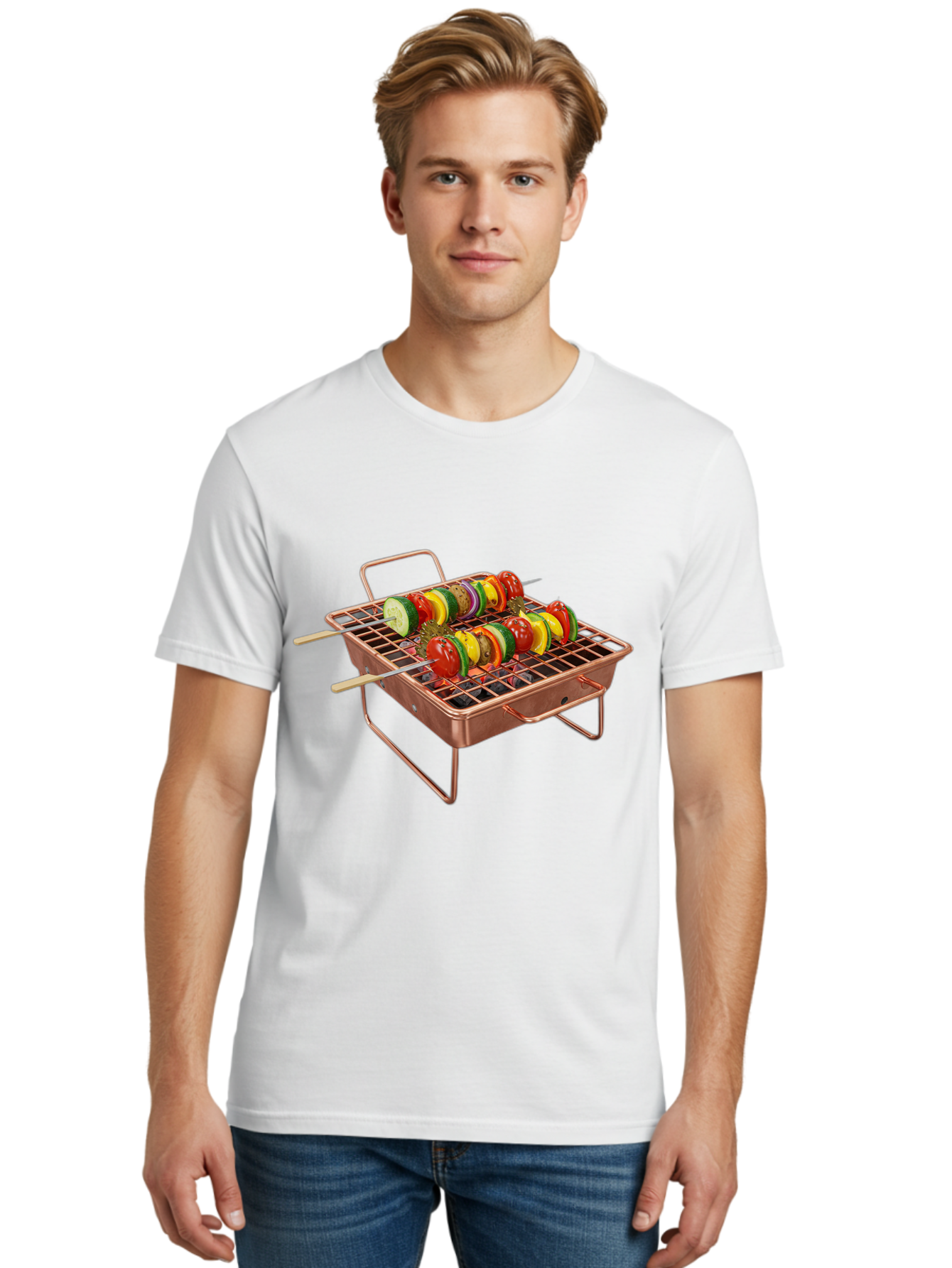 Vegetable-Skewers Men'S Graphic Tee, 100% Cotton, Comfortable Casual Summer Wear, Machine Washable, Grilled Vegetable Skewers, Skewers On Portable Grill, Fresh Vegetables, Outdoor Cooking, Barbecue, Healthy Eating, Vegetable Kebabs, Grilling Bac545
