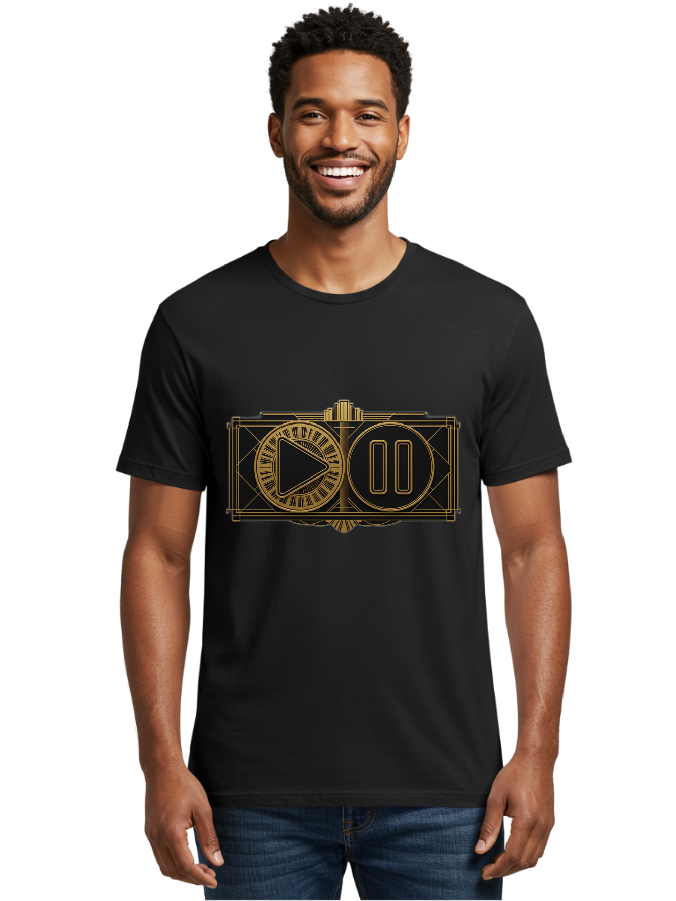 Video-Controls Men'S Graphic Tee, 100% Cotton, Comfortable Casual Summer Wear, Machine Washable, Play Button, Pause Button, Video Controls, Media Player, Gold Accents, Black Background, Modern Design, User Interface, Digital Media Bac547