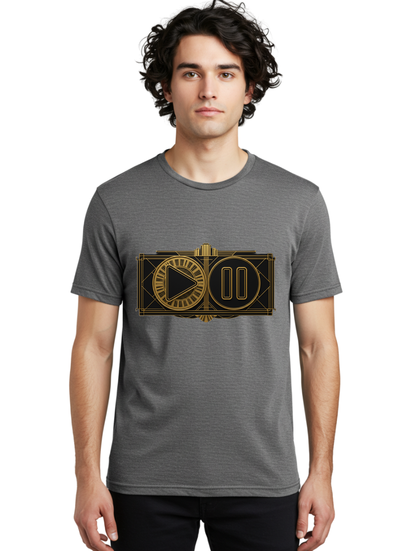 Video-Controls Men'S Graphic Tee, 100% Cotton, Comfortable Casual Summer Wear, Machine Washable, Play Button, Pause Button, Video Controls, Media Player, Gold Accents, Black Background, Modern Design, User Interface, Digital Media Bac547