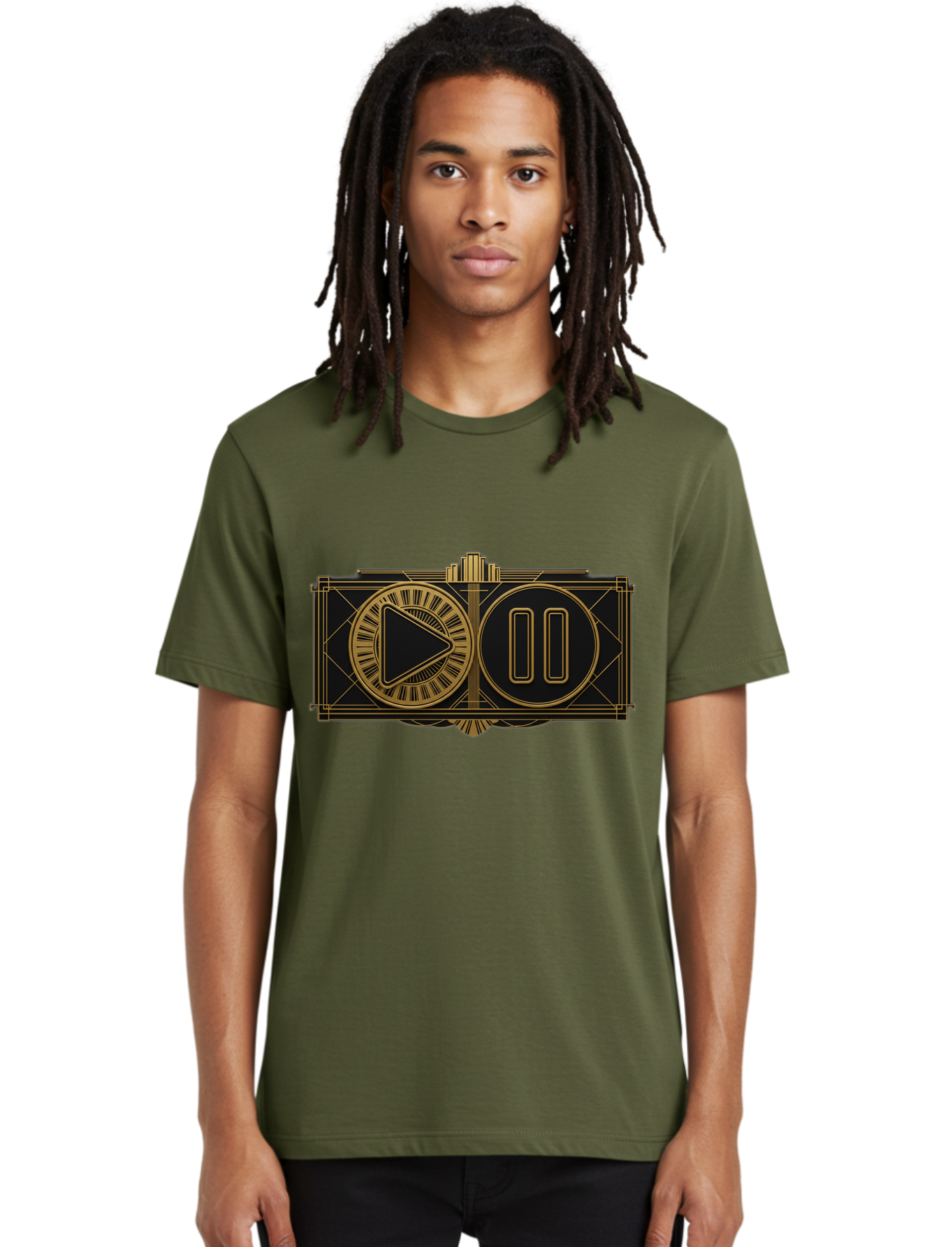 Video-Controls Men'S Graphic Tee, 100% Cotton, Comfortable Casual Summer Wear, Machine Washable, Play Button, Pause Button, Video Controls, Media Player, Gold Accents, Black Background, Modern Design, User Interface, Digital Media Bac547