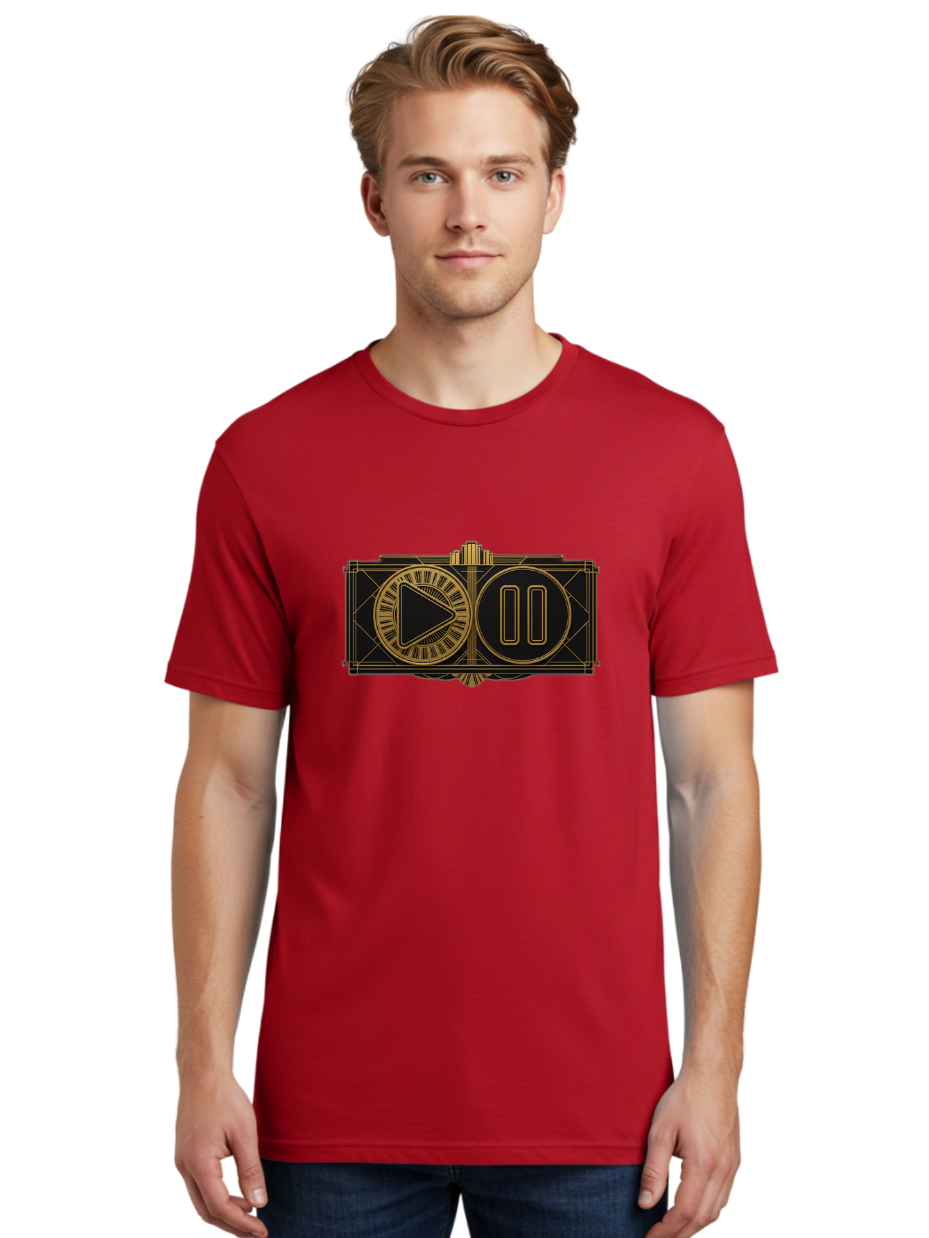 Video-Controls Men'S Graphic Tee, 100% Cotton, Comfortable Casual Summer Wear, Machine Washable, Play Button, Pause Button, Video Controls, Media Player, Gold Accents, Black Background, Modern Design, User Interface, Digital Media Bac547