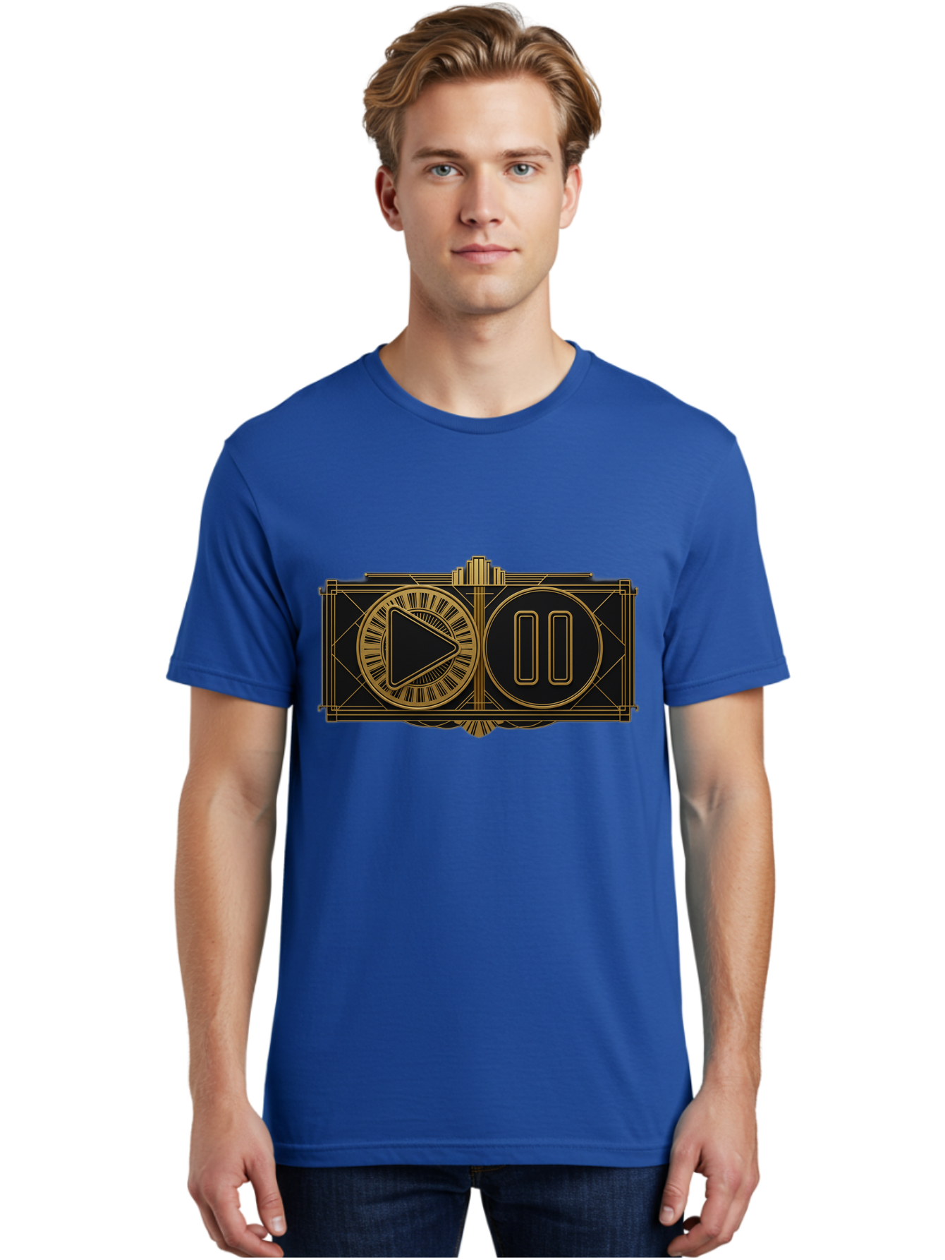 Video-Controls Men'S Graphic Tee, 100% Cotton, Comfortable Casual Summer Wear, Machine Washable, Play Button, Pause Button, Video Controls, Media Player, Gold Accents, Black Background, Modern Design, User Interface, Digital Media Bac547
