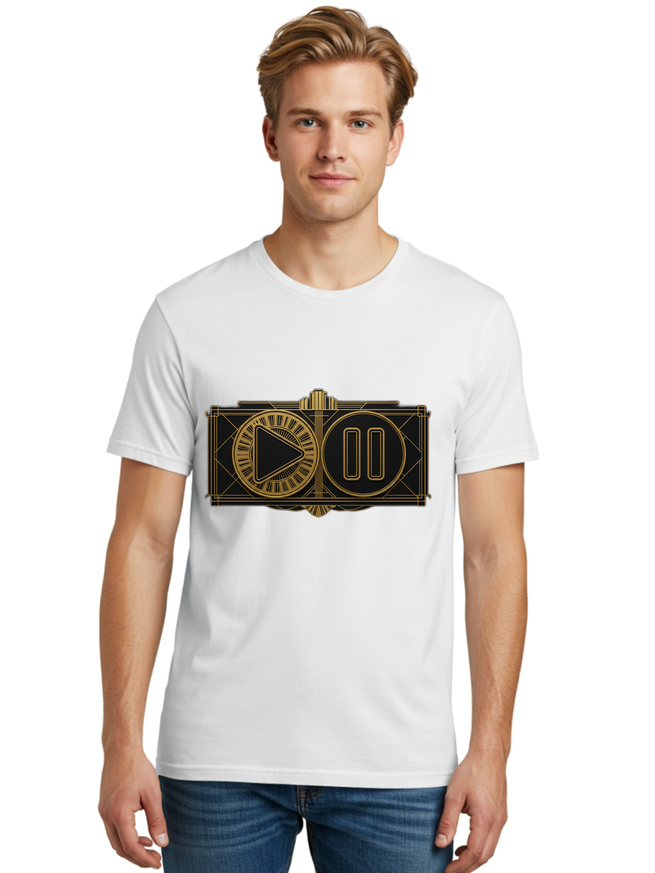 Video-Controls Men'S Graphic Tee, 100% Cotton, Comfortable Casual Summer Wear, Machine Washable, Play Button, Pause Button, Video Controls, Media Player, Gold Accents, Black Background, Modern Design, User Interface, Digital Media Bac547