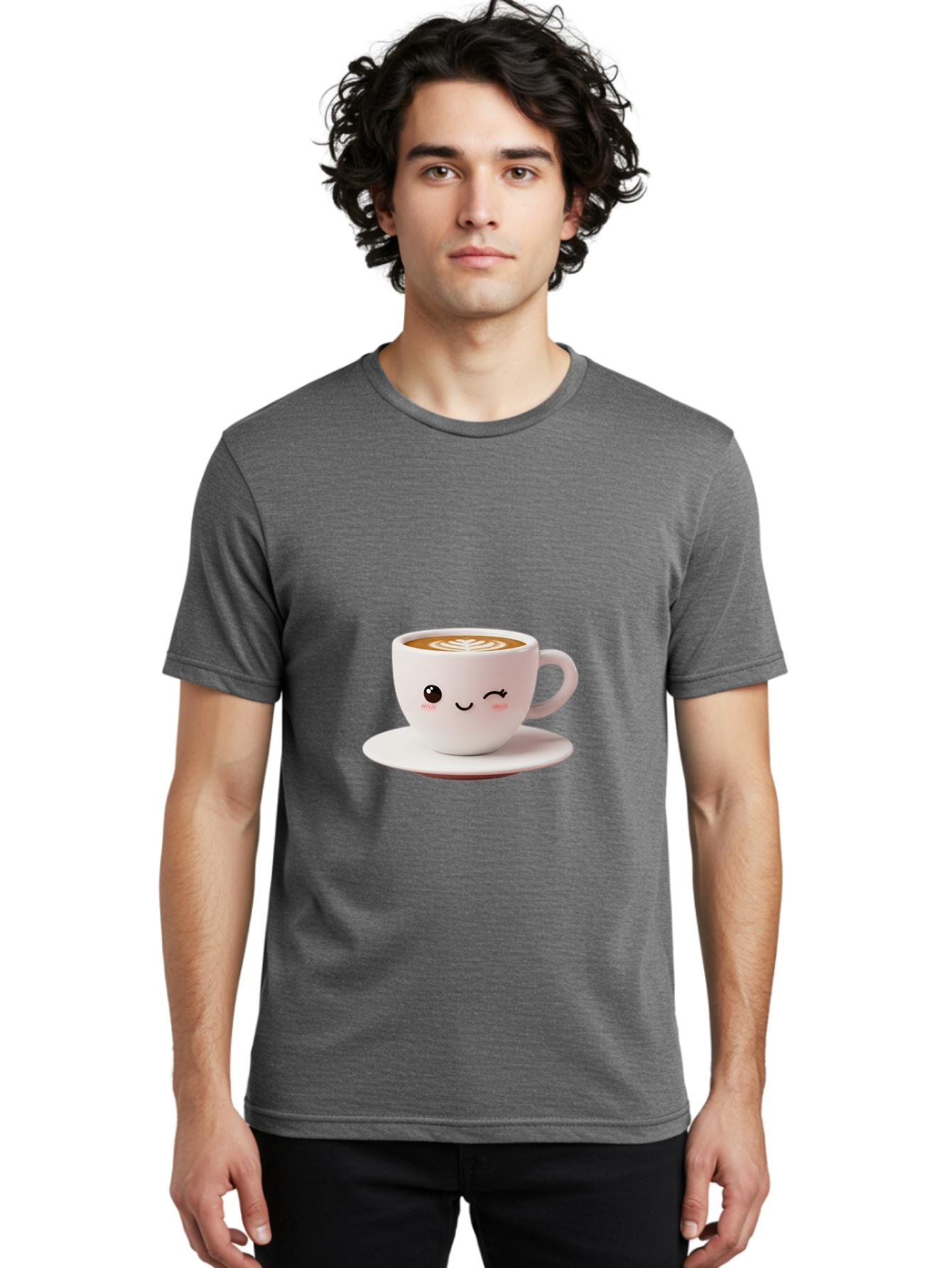 Winking-Coffee-Cup Men'S Graphic Tee, 100% Cotton, Comfortable Casual Summer Wear, Machine Washable, Cute Coffee Cup, Cartoon Character, Coffee Break, Latte Art, Winking Face, Adorable Design, Morning Pick-Me-Up, Coffee Lover, Cozy Vibes Bac553