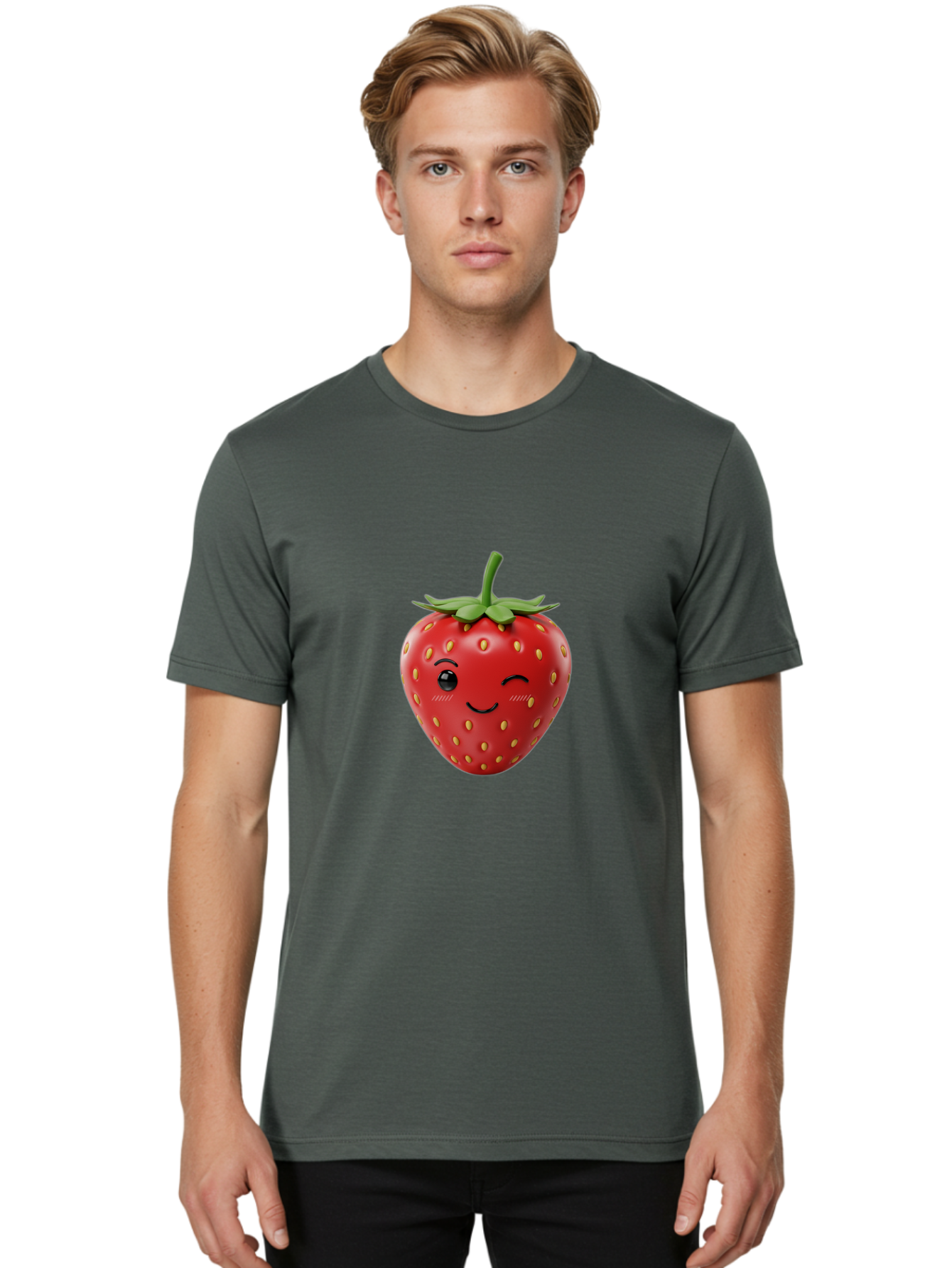 Winking-Strawberry-10 Men'S Graphic Tee, 100% Cotton, Comfortable Casual Summer Wear, Machine Washable, Red Strawberry, Cartoon Character, Winking Face, Smiling Strawberry, Cute Emoji, Fruit Illustration, Yellow Seeds, Strawberry Icon Bac555