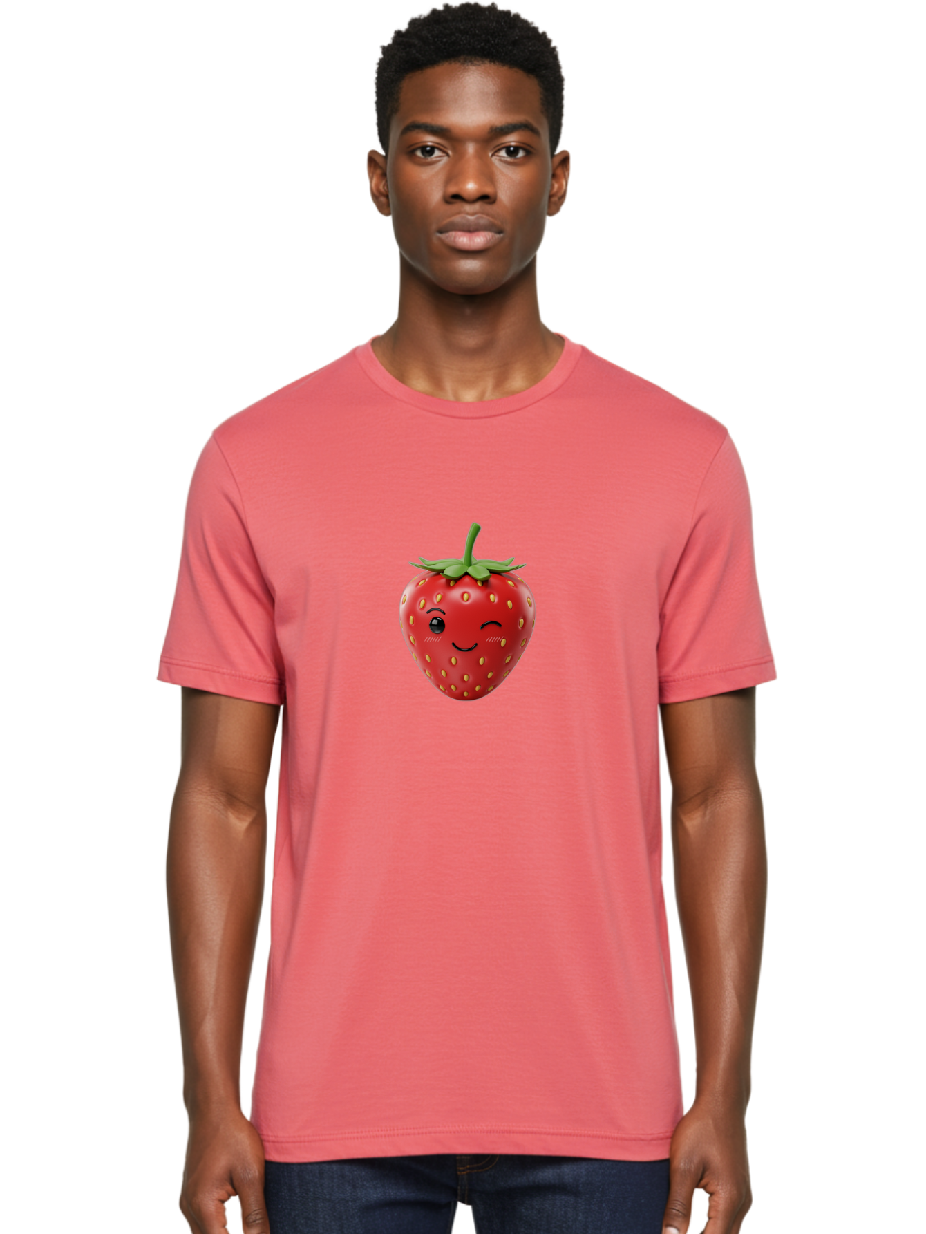 Winking-Strawberry-10 Men'S Graphic Tee, 100% Cotton, Comfortable Casual Summer Wear, Machine Washable, Red Strawberry, Cartoon Character, Winking Face, Smiling Strawberry, Cute Emoji, Fruit Illustration, Yellow Seeds, Strawberry Icon Bac555