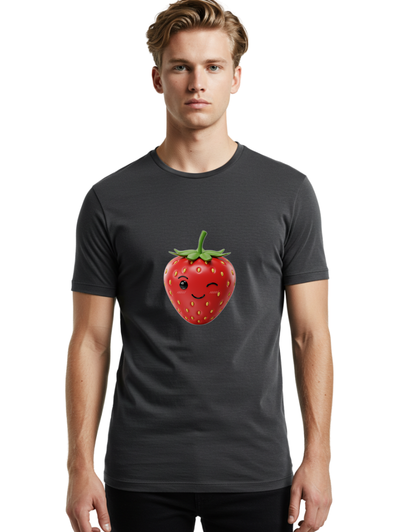 Winking-Strawberry-10 Men'S Graphic Tee, 100% Cotton, Comfortable Casual Summer Wear, Machine Washable, Red Strawberry, Cartoon Character, Winking Face, Smiling Strawberry, Cute Emoji, Fruit Illustration, Yellow Seeds, Strawberry Icon Bac555