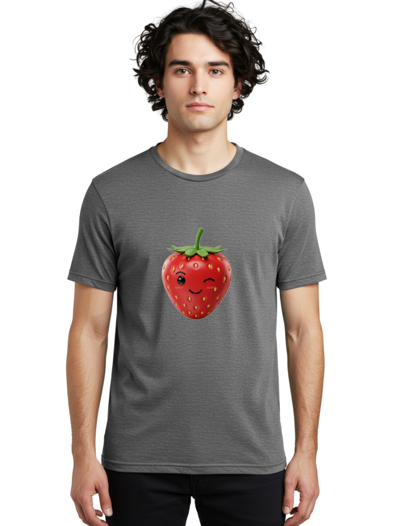 Winking-Strawberry-10 Men'S Graphic Tee, 100% Cotton, Comfortable Casual Summer Wear, Machine Washable, Red Strawberry, Cartoon Character, Winking Face, Smiling Strawberry, Cute Emoji, Fruit Illustration, Yellow Seeds, Strawberry Icon Bac555