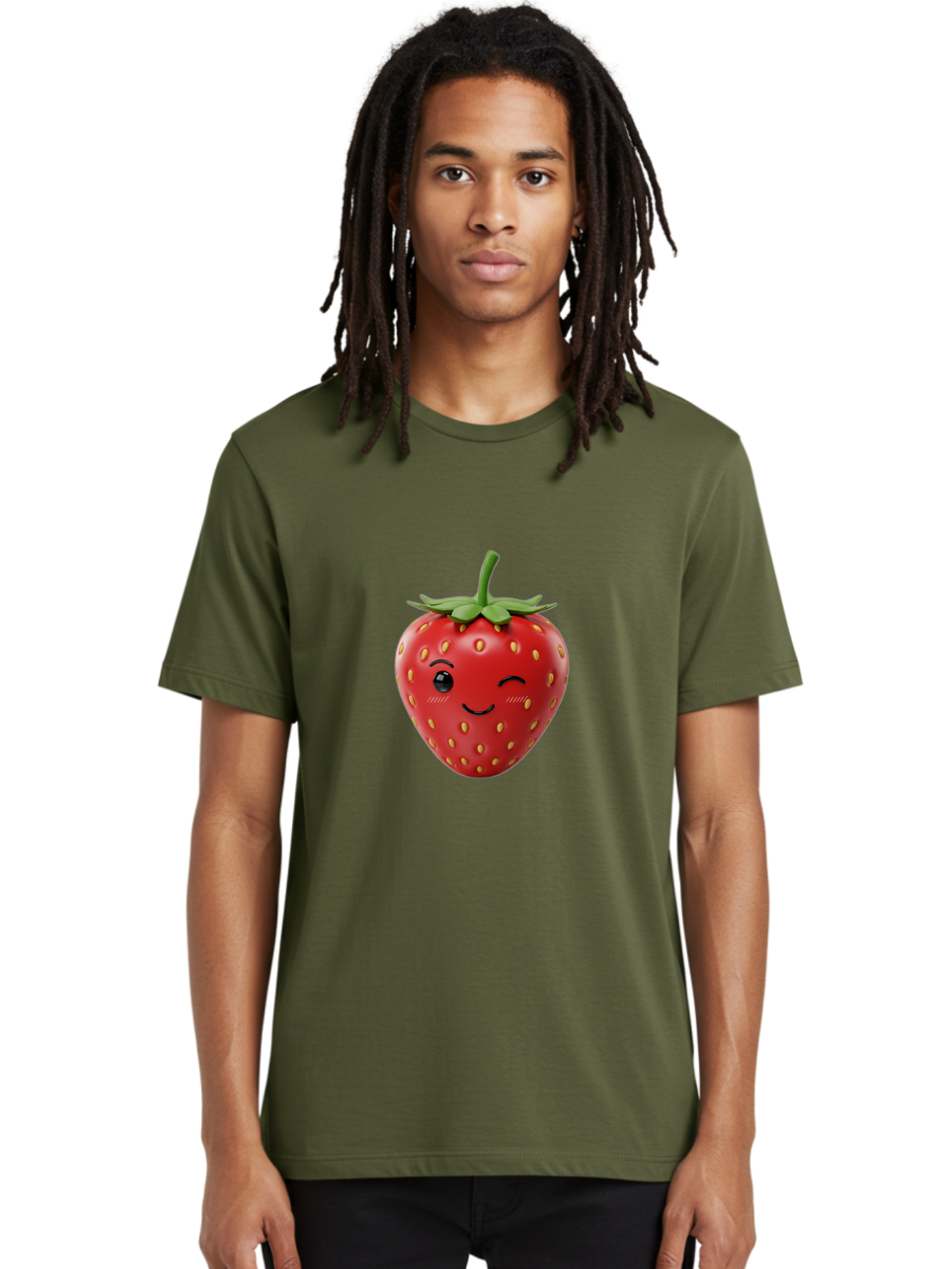 Winking-Strawberry-10 Men'S Graphic Tee, 100% Cotton, Comfortable Casual Summer Wear, Machine Washable, Red Strawberry, Cartoon Character, Winking Face, Smiling Strawberry, Cute Emoji, Fruit Illustration, Yellow Seeds, Strawberry Icon Bac555