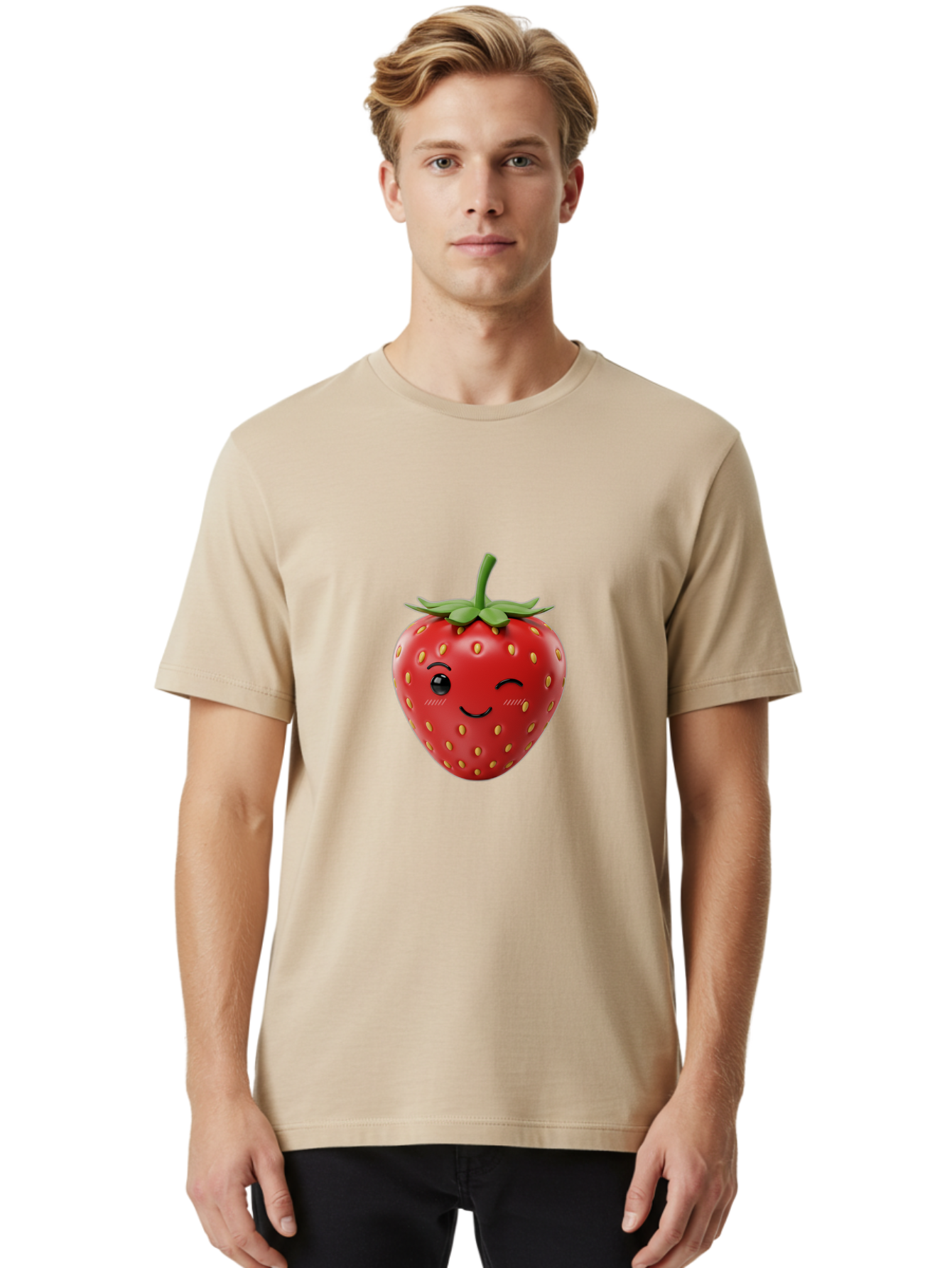 Winking-Strawberry-10 Men'S Graphic Tee, 100% Cotton, Comfortable Casual Summer Wear, Machine Washable, Red Strawberry, Cartoon Character, Winking Face, Smiling Strawberry, Cute Emoji, Fruit Illustration, Yellow Seeds, Strawberry Icon Bac555