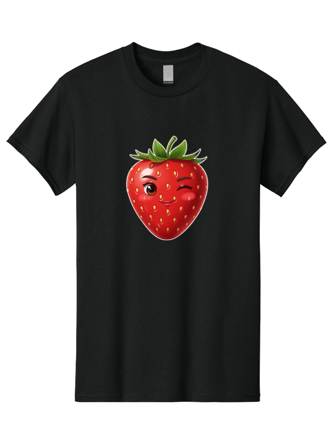 Winking-Strawberry-12 Men'S Graphic Tee, 100% Cotton, Comfortable Casual Summer Wear, Machine Washable, Winking Strawberry, Cartoon Style, Fresh Fruit, Healthy Snack, Vibrant Colors, Playful Expression, Yellow Seeds, Green Leaves Bac557