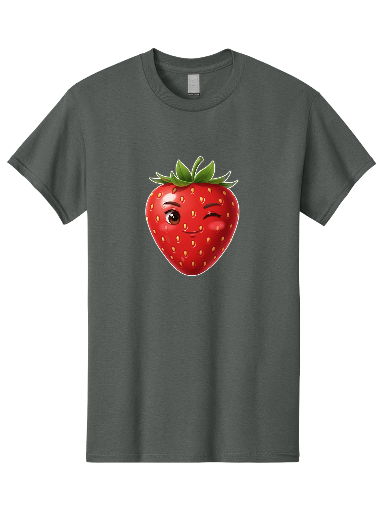 Winking-Strawberry-12 Men'S Graphic Tee, 100% Cotton, Comfortable Casual Summer Wear, Machine Washable, Winking Strawberry, Cartoon Style, Fresh Fruit, Healthy Snack, Vibrant Colors, Playful Expression, Yellow Seeds, Green Leaves Bac557