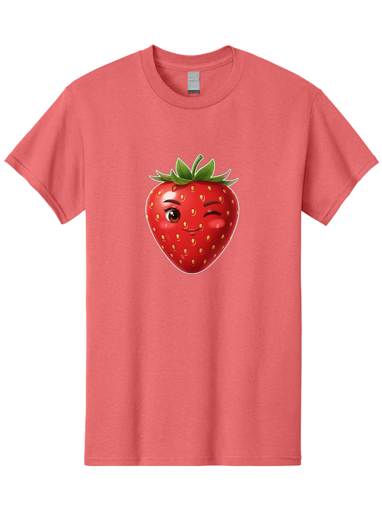 Winking-Strawberry-12 Men'S Graphic Tee, 100% Cotton, Comfortable Casual Summer Wear, Machine Washable, Winking Strawberry, Cartoon Style, Fresh Fruit, Healthy Snack, Vibrant Colors, Playful Expression, Yellow Seeds, Green Leaves Bac557