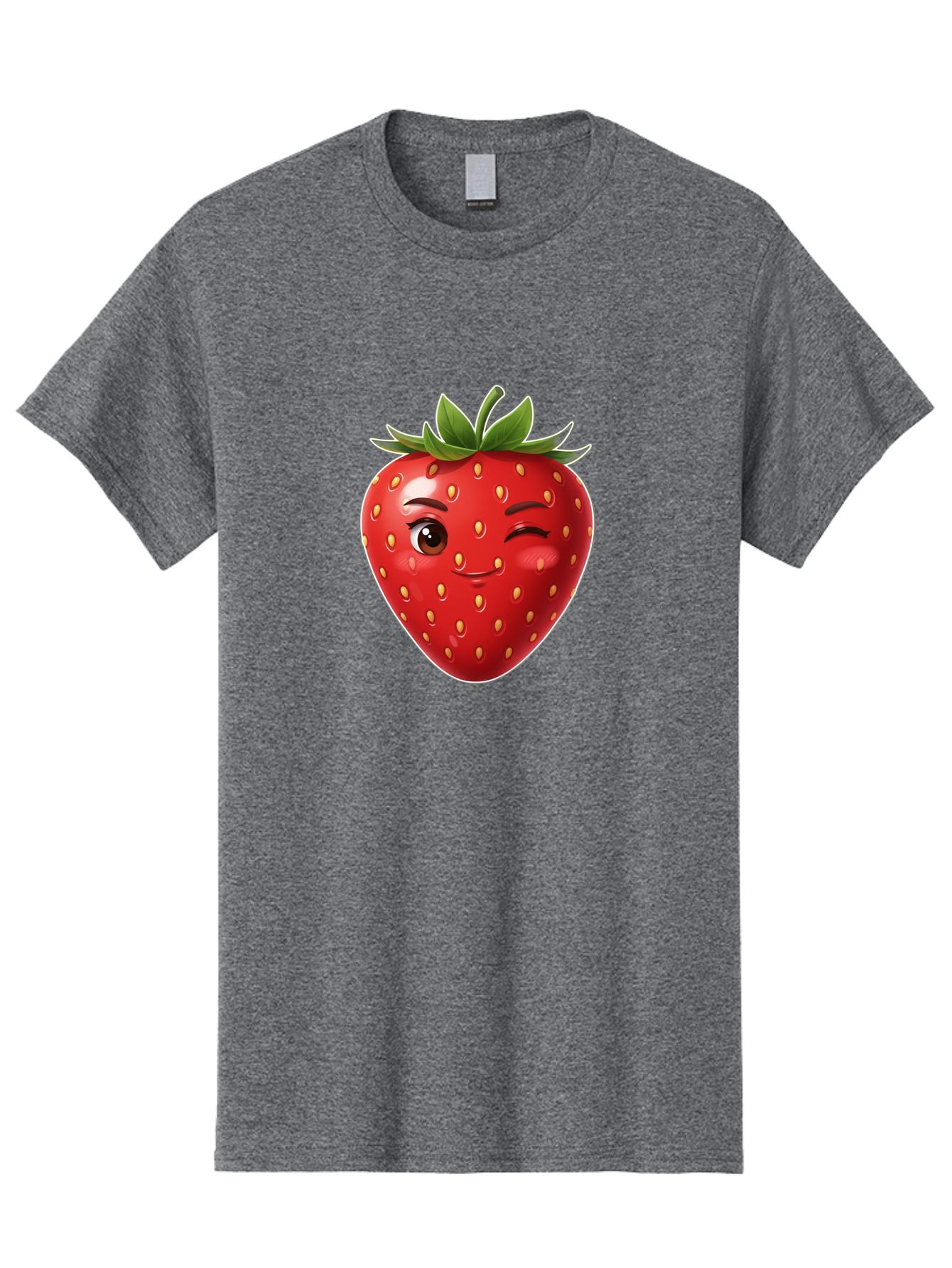 Winking-Strawberry-12 Men'S Graphic Tee, 100% Cotton, Comfortable Casual Summer Wear, Machine Washable, Winking Strawberry, Cartoon Style, Fresh Fruit, Healthy Snack, Vibrant Colors, Playful Expression, Yellow Seeds, Green Leaves Bac557