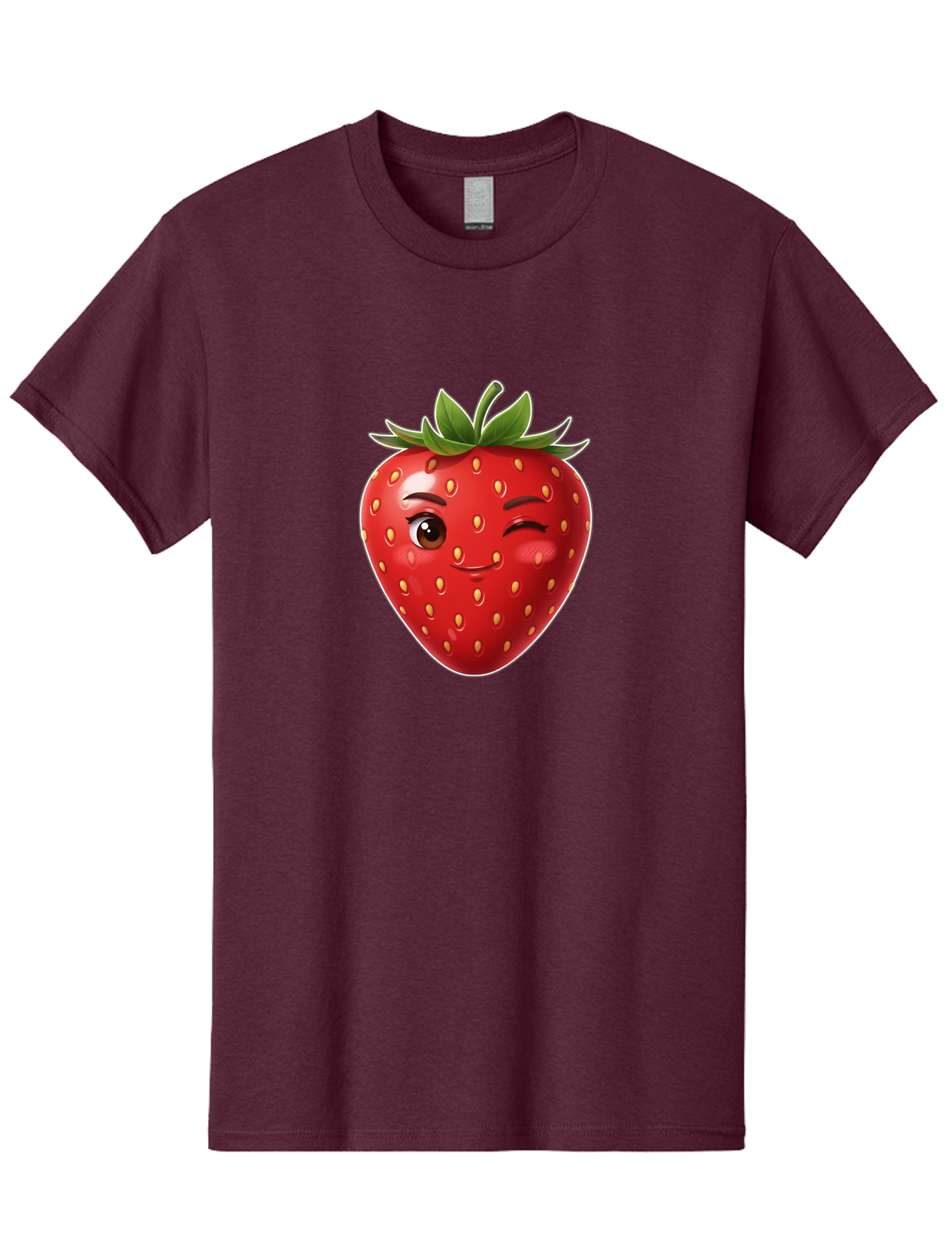 Winking-Strawberry-12 Men'S Graphic Tee, 100% Cotton, Comfortable Casual Summer Wear, Machine Washable, Winking Strawberry, Cartoon Style, Fresh Fruit, Healthy Snack, Vibrant Colors, Playful Expression, Yellow Seeds, Green Leaves Bac557