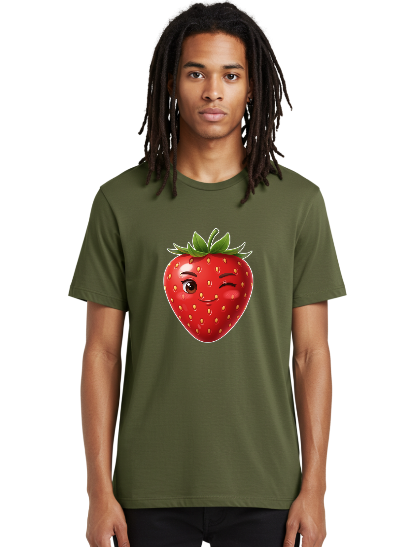 Winking-Strawberry-12 Men'S Graphic Tee, 100% Cotton, Comfortable Casual Summer Wear, Machine Washable, Winking Strawberry, Cartoon Style, Fresh Fruit, Healthy Snack, Vibrant Colors, Playful Expression, Yellow Seeds, Green Leaves Bac557