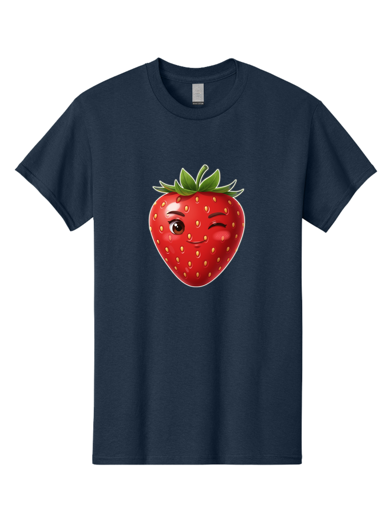 Winking-Strawberry-12 Men'S Graphic Tee, 100% Cotton, Comfortable Casual Summer Wear, Machine Washable, Winking Strawberry, Cartoon Style, Fresh Fruit, Healthy Snack, Vibrant Colors, Playful Expression, Yellow Seeds, Green Leaves Bac557