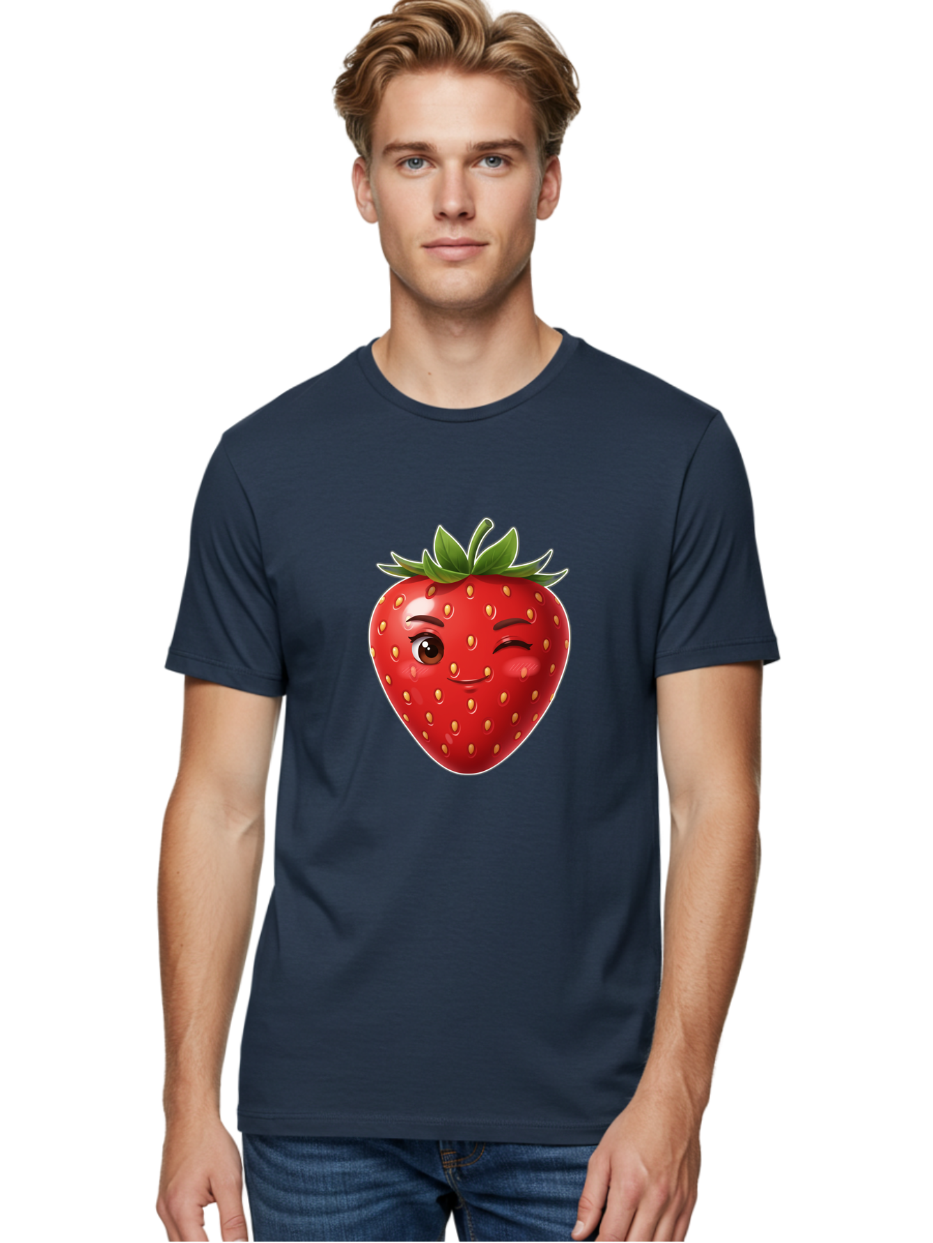 Winking-Strawberry-12 Men'S Graphic Tee, 100% Cotton, Comfortable Casual Summer Wear, Machine Washable, Winking Strawberry, Cartoon Style, Fresh Fruit, Healthy Snack, Vibrant Colors, Playful Expression, Yellow Seeds, Green Leaves Bac557