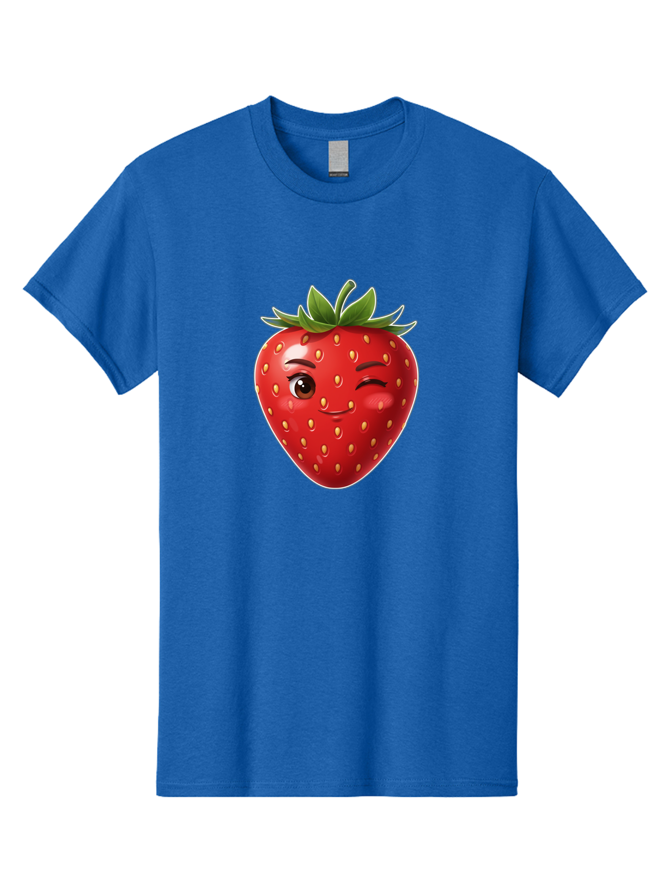 Winking-Strawberry-12 Men'S Graphic Tee, 100% Cotton, Comfortable Casual Summer Wear, Machine Washable, Winking Strawberry, Cartoon Style, Fresh Fruit, Healthy Snack, Vibrant Colors, Playful Expression, Yellow Seeds, Green Leaves Bac557